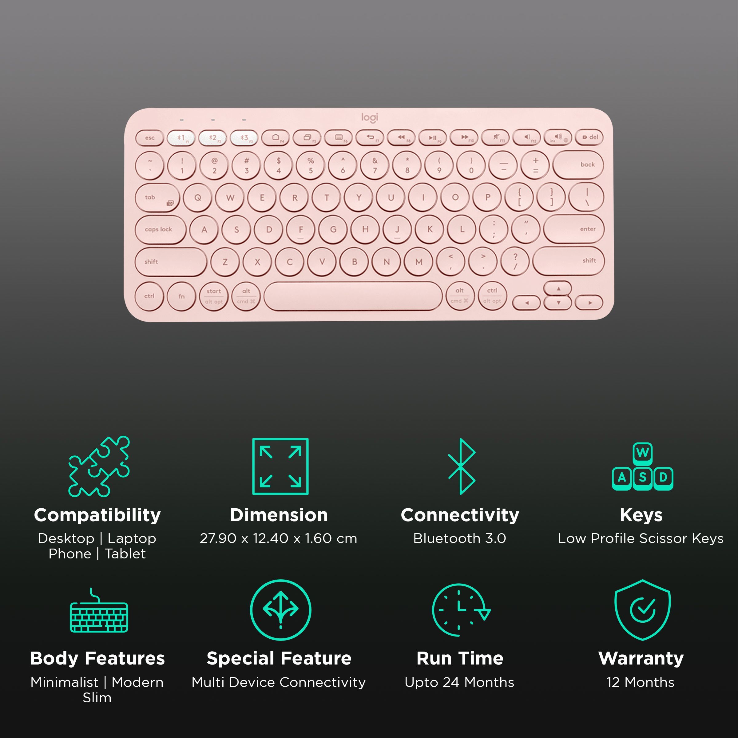 logitech K380 Bluetooth 3.0 Wireless Keyboard with Multi Device Connectivity (Low Profile Scissor Keys, Rose)_2