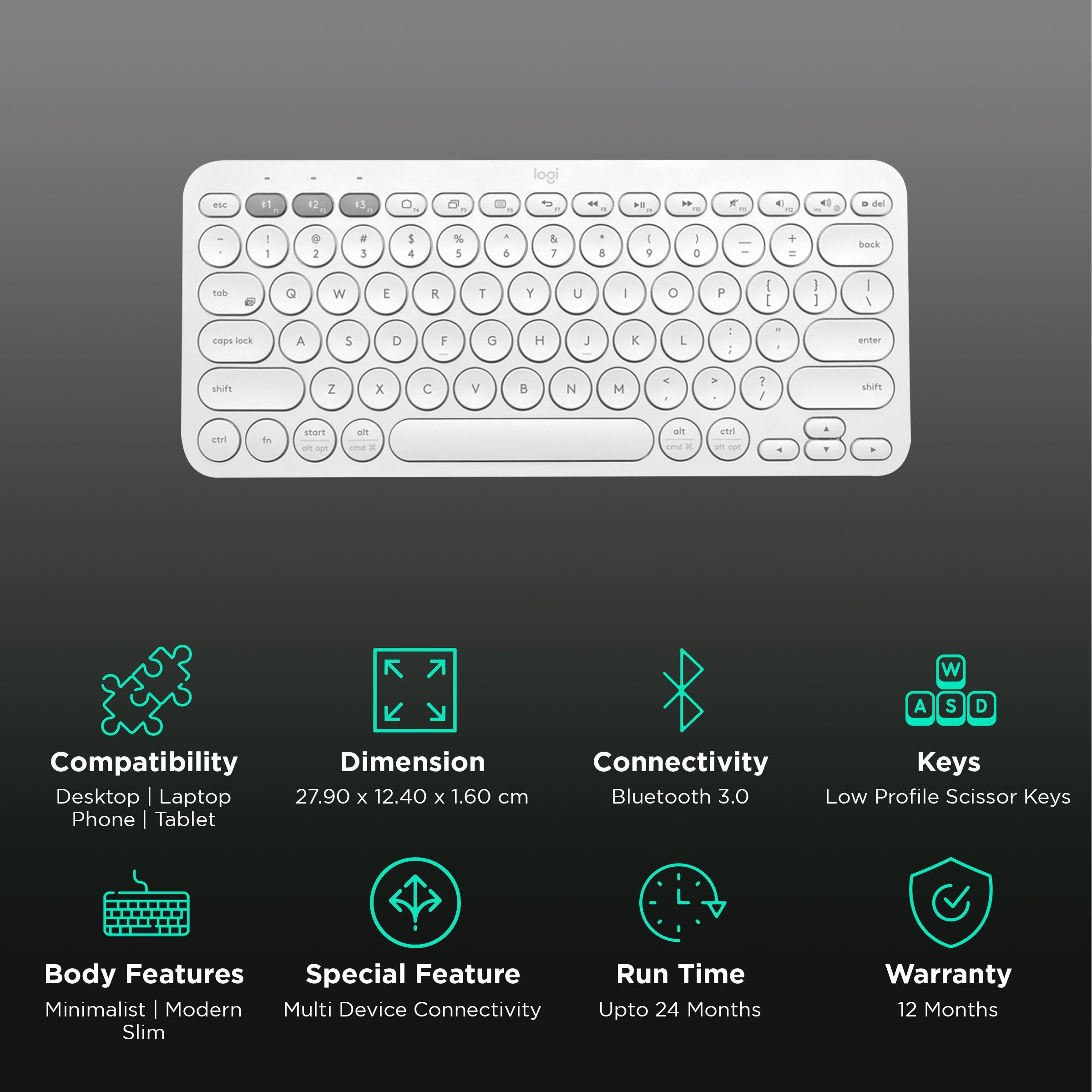 logitech K380 Bluetooth 3.0 Wireless Keyboard with Multi Device Connectivity (Low Profile Scissor Keys, Off-White)_2
