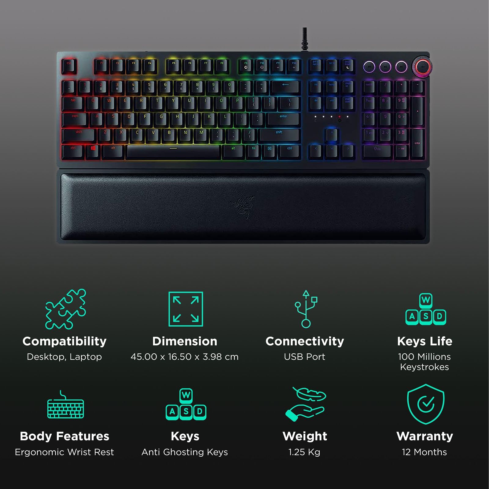 RAZER Huntsman Elite Wired Gaming Keyboard with Backlit Keys (Ergonomic Wrist Rest, Black)_2