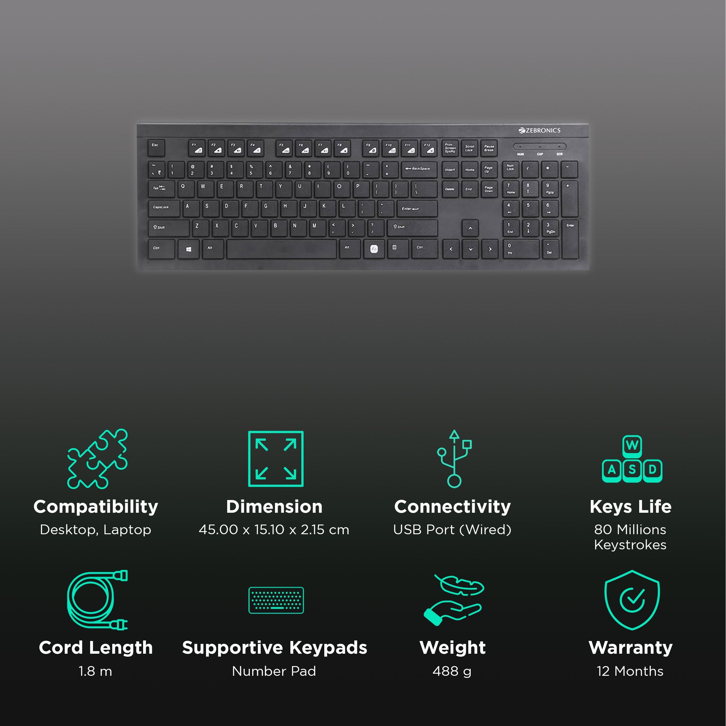 ZEBRONICS ZEB-DLK01 Wired Keyboard with Number Pad (UV Coated Keys, Black)_2