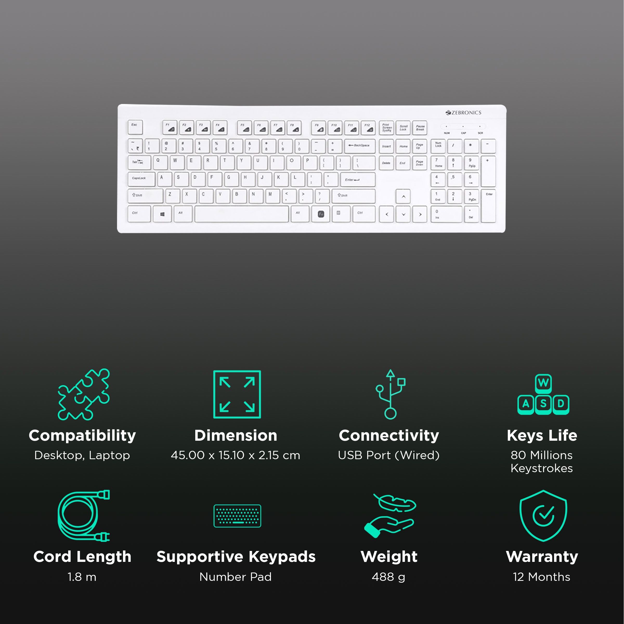 ZEBRONICS ZEB-DLK01 Wired Keyboard with Number Pad (UV Coated Keys, White)_2