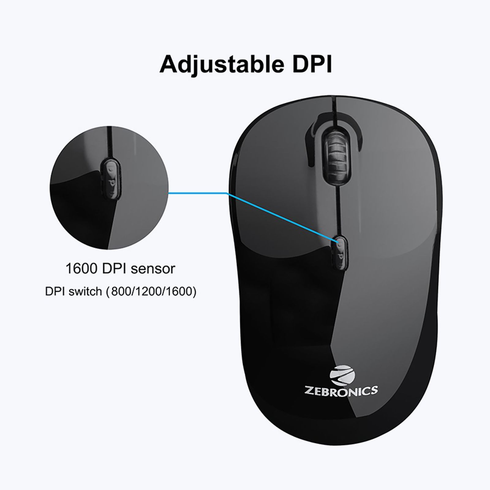 ZEBRONICS Zeb-Shine Wireless Optical Mouse (1600 DPI Adjustable, Smart Energy Saving Mode, Black)_5
