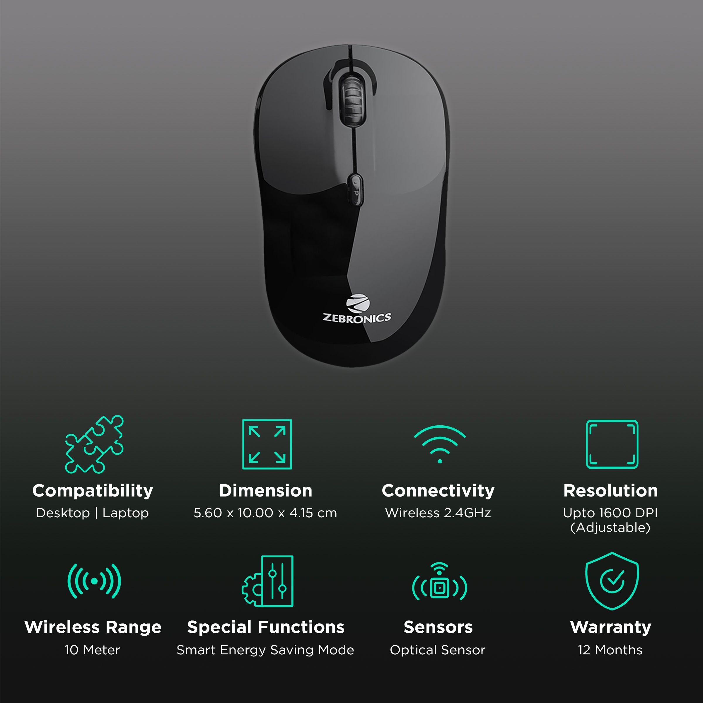 ZEBRONICS Zeb-Shine Wireless Optical Mouse (1600 DPI Adjustable, Smart Energy Saving Mode, Black)_2