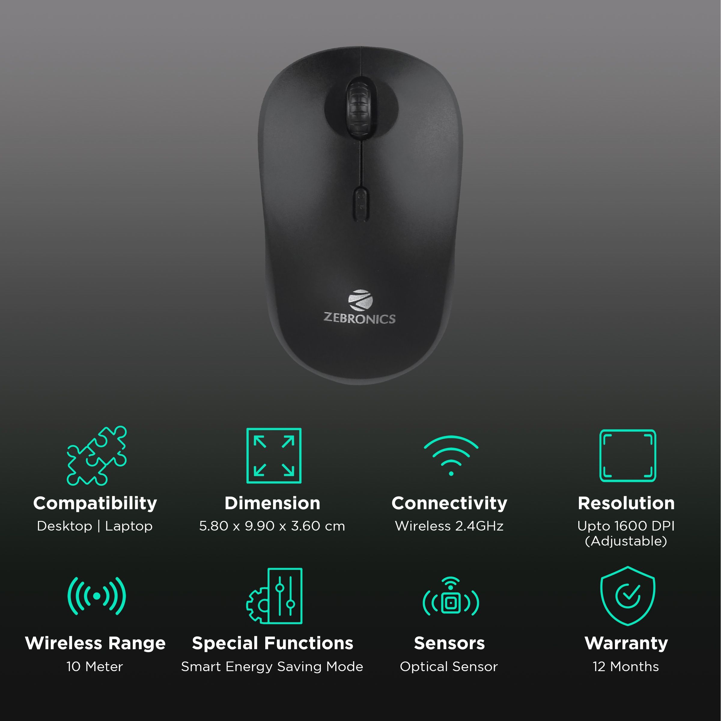 ZEBRONICS Zeb-Bold Wireless Optical Mouse (1600 DPI Adjustable, Smart Energy Saving Mode, Black)_2
