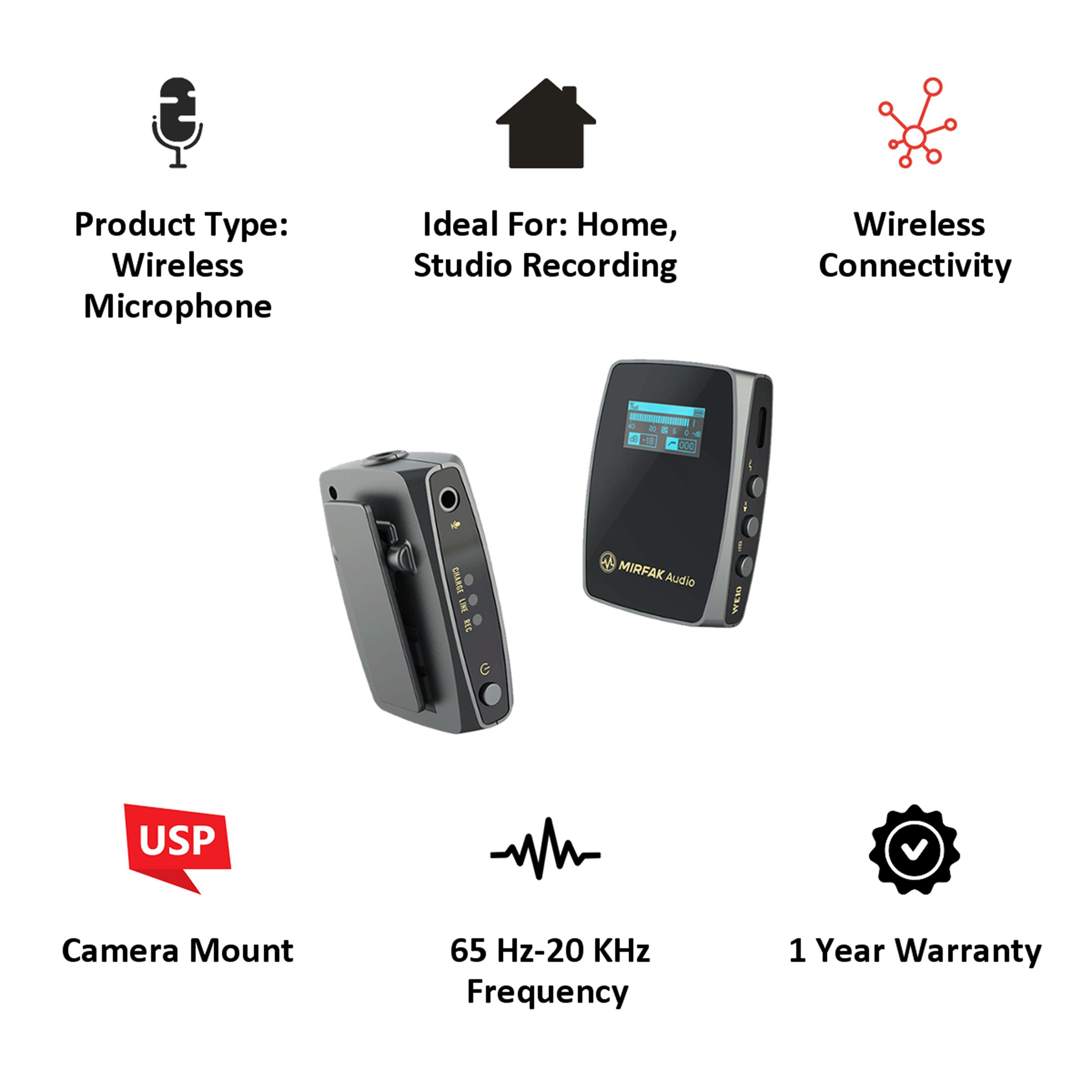 MIRFAK Audio WE10 Camera Mount Wireless Microphone (Multi-Function Screen, Black)_4