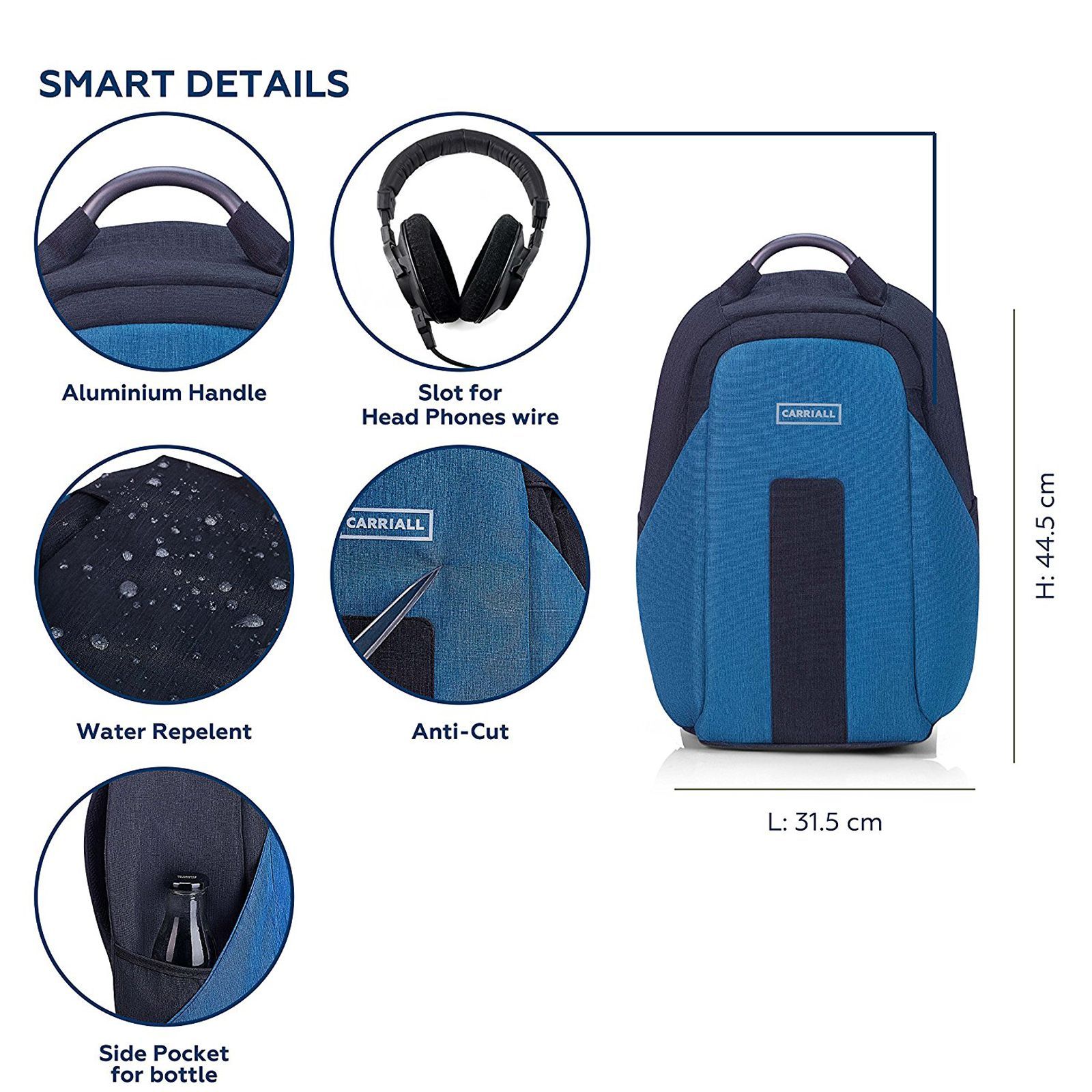 Carriall Vasco Polyester Laptop Backpack(21.1 L, USB Charging Port, Blue)_10