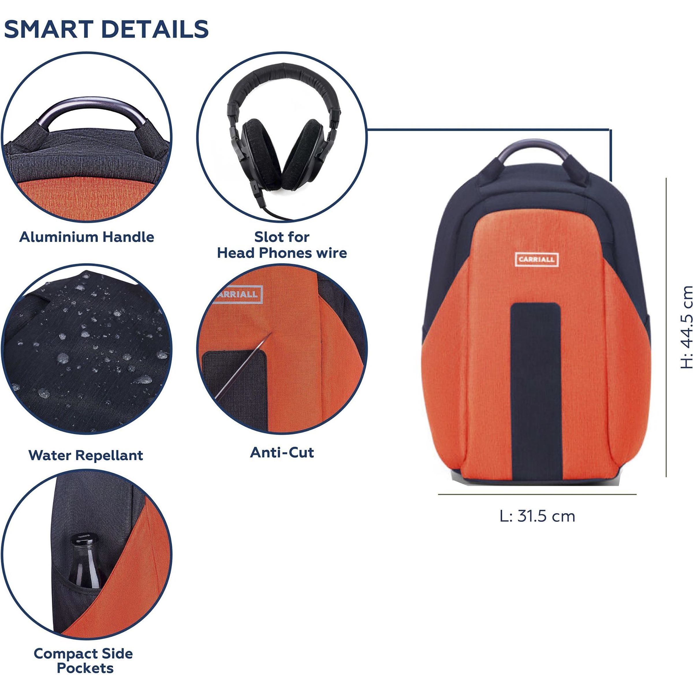 Carriall Vasco Polyester Laptop Backpack(21.1 L, USB Charging Port, Orange)_5