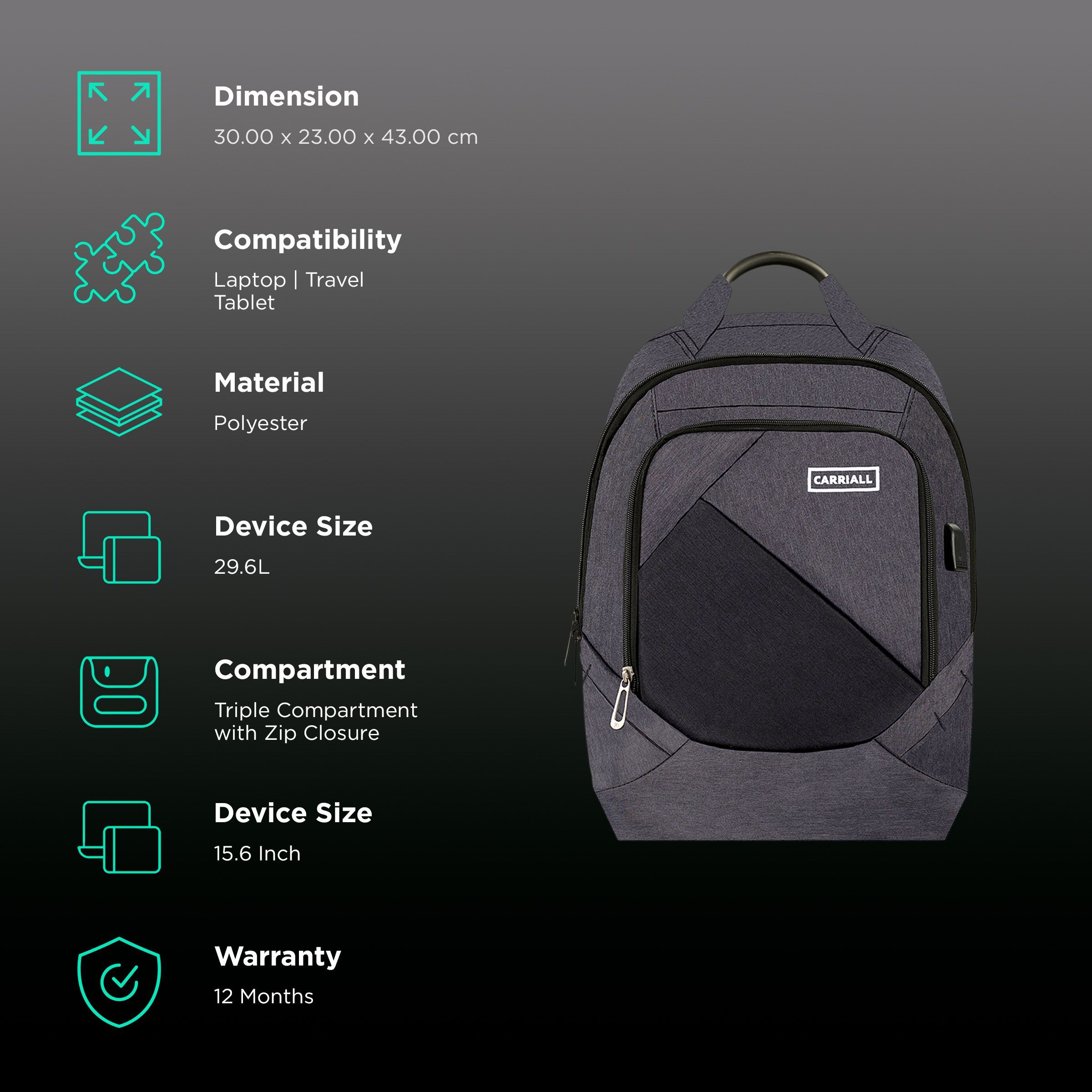 Carriall Minikin Polyester Laptop Backpack for 15.6 Inch Laptop (29.6 L, USB Charging Port, Black)_2