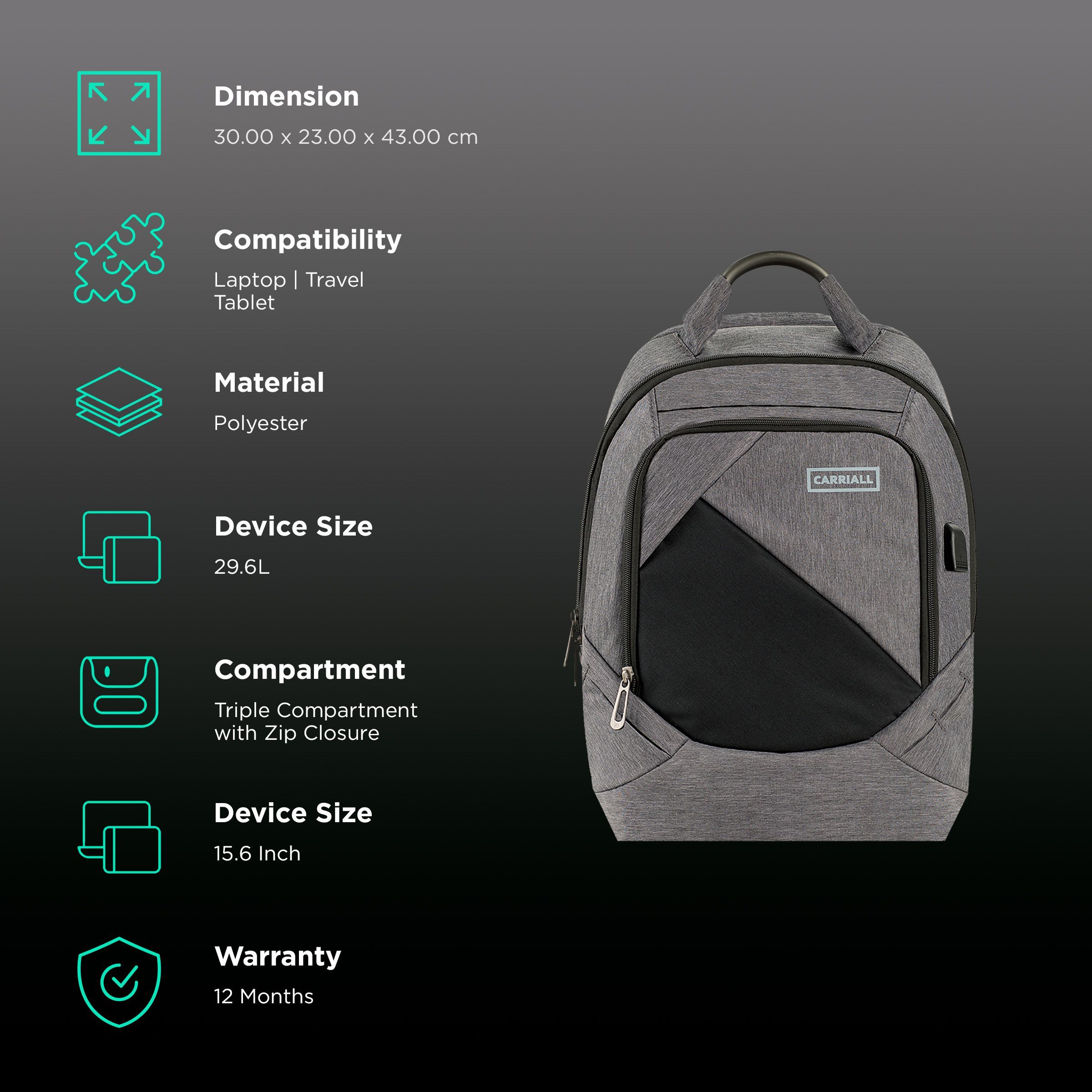 Carriall Minikin Polyester Laptop Backpack for 15.6 Inch Laptop (29.6 L, USB Charging Port, Grey)_2