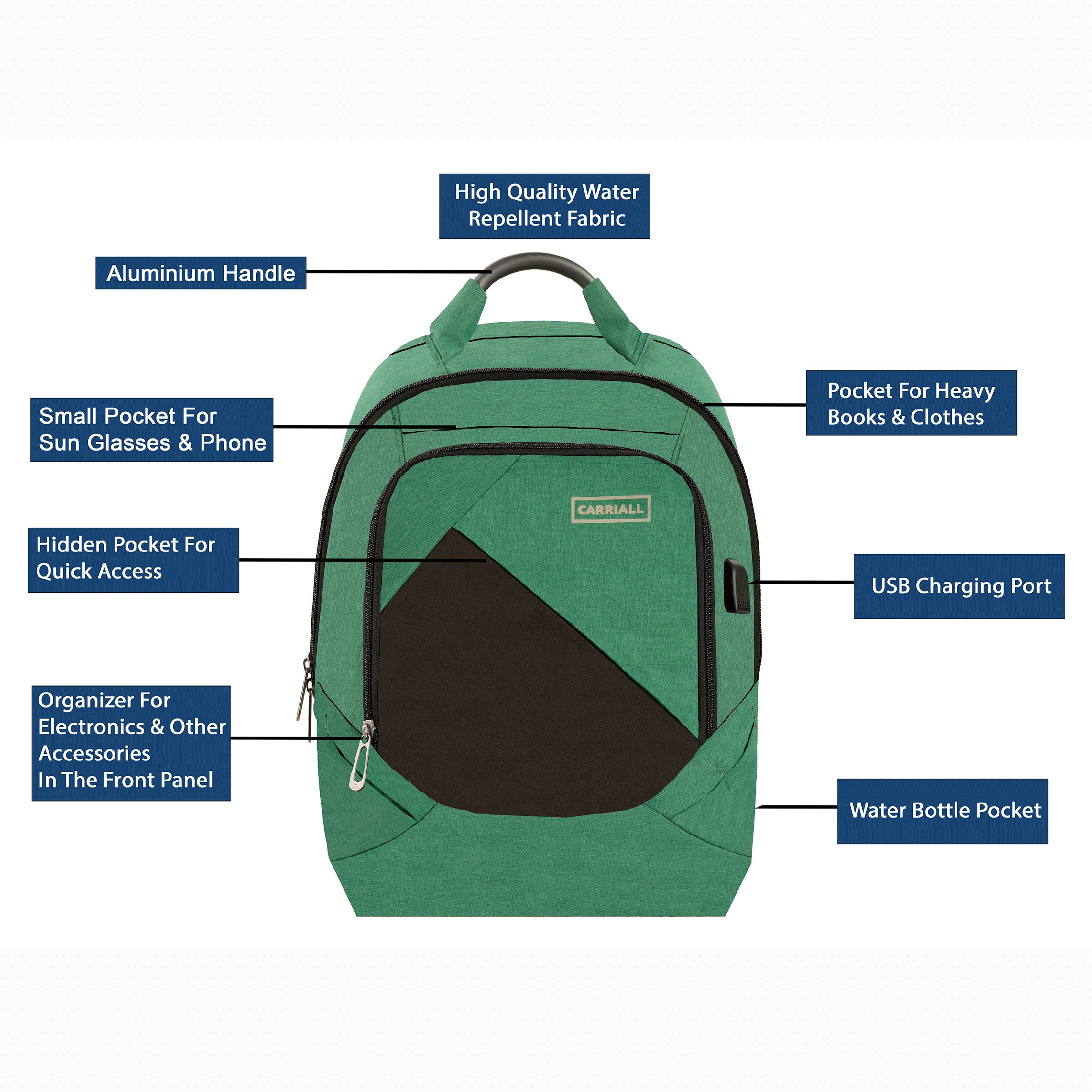 Carriall Minikin Polyester Laptop Backpack for 15.6 Inch Laptop (29.6 L, USB Charging Port, Green)_9