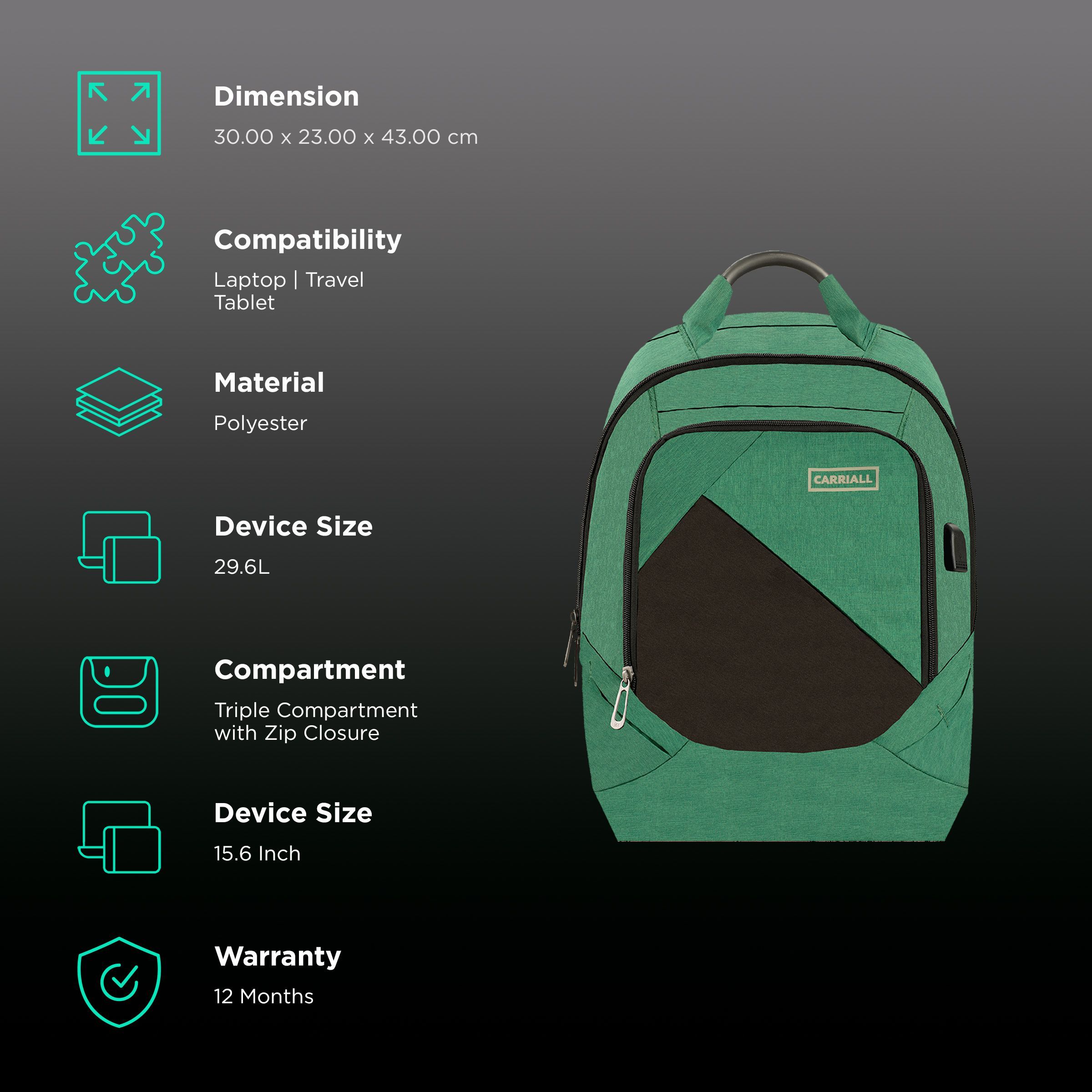 Carriall Minikin Polyester Laptop Backpack for 15.6 Inch Laptop (29.6 L, USB Charging Port, Green)_2