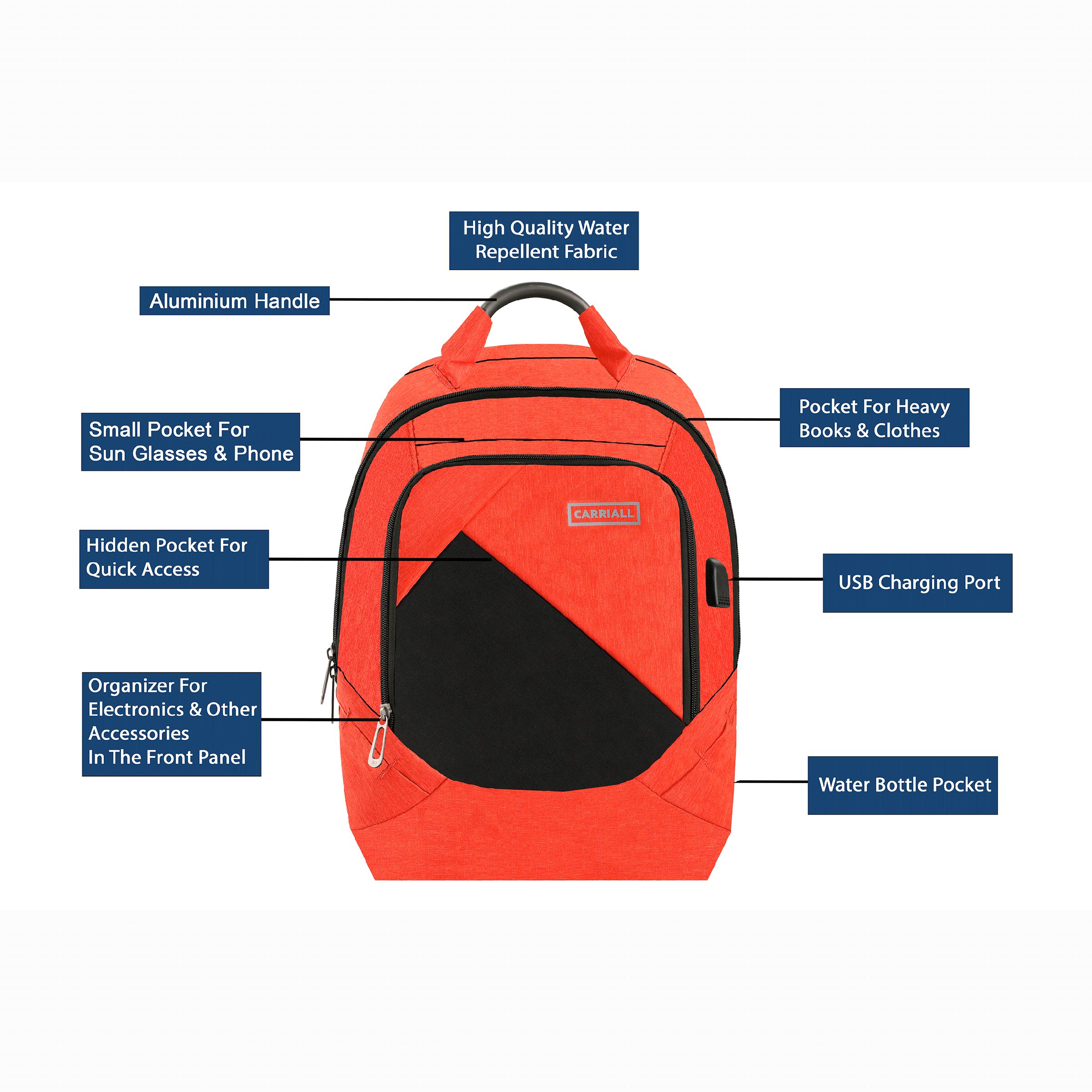 Carriall Minikin Polyester Laptop Backpack for 15.6 Inch Laptop (29.6 L, USB Charging Port, Orange)_8