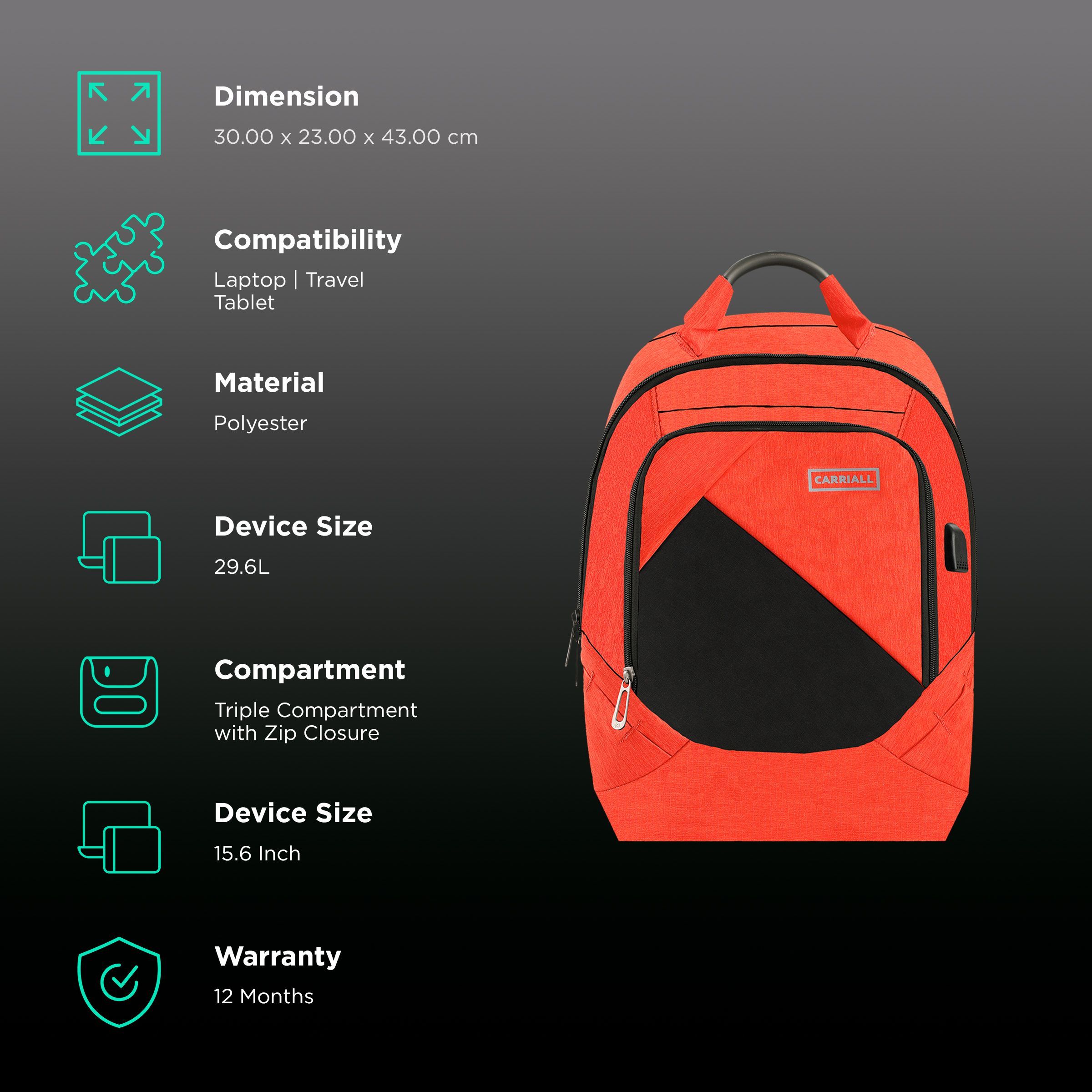 Carriall Minikin Polyester Laptop Backpack for 15.6 Inch Laptop (29.6 L, USB Charging Port, Orange)_2