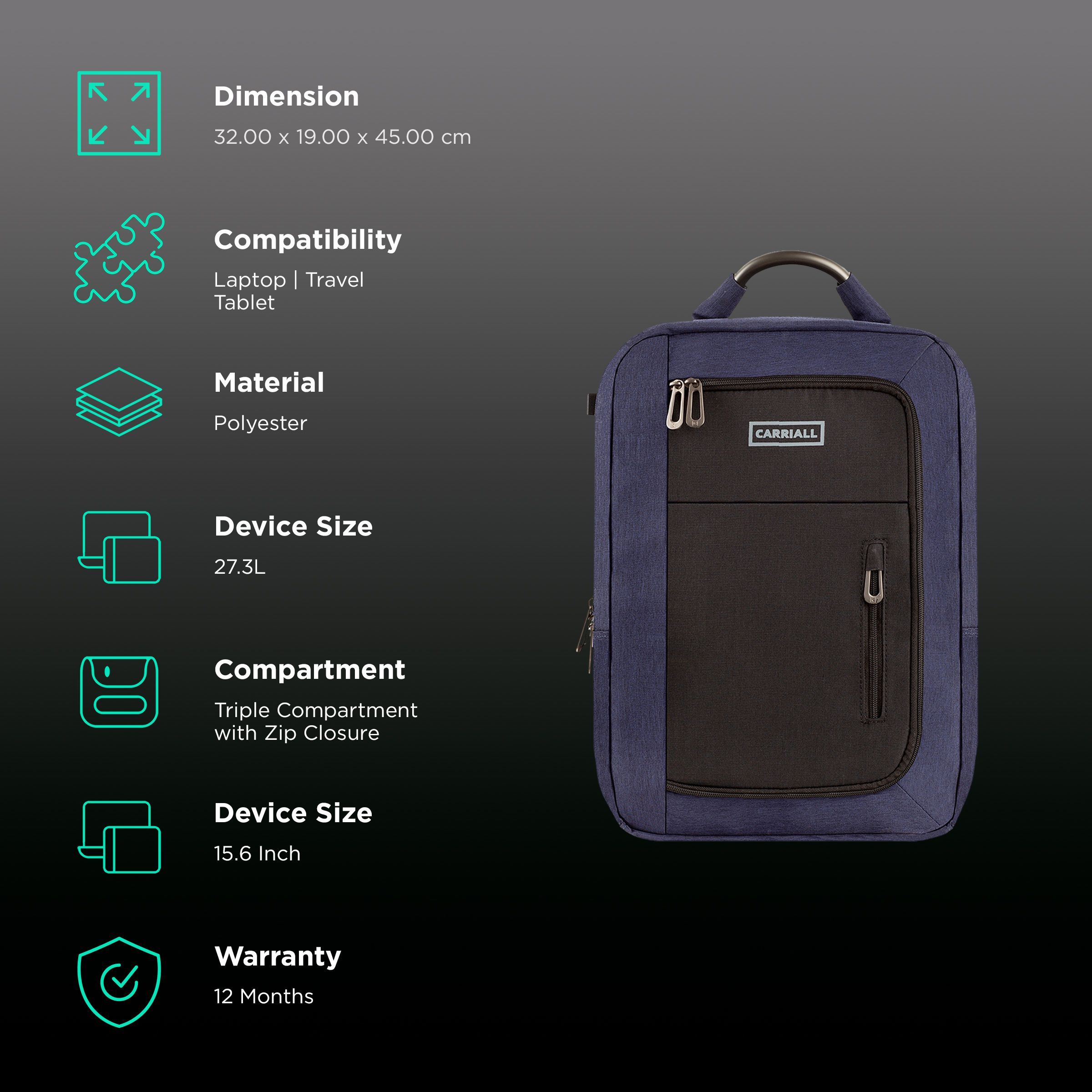 Carriall Minch Polyester Laptop Backpack for 15.6 Inch Laptop (27.3 L, USB Charging Port, Blue/Black)_2