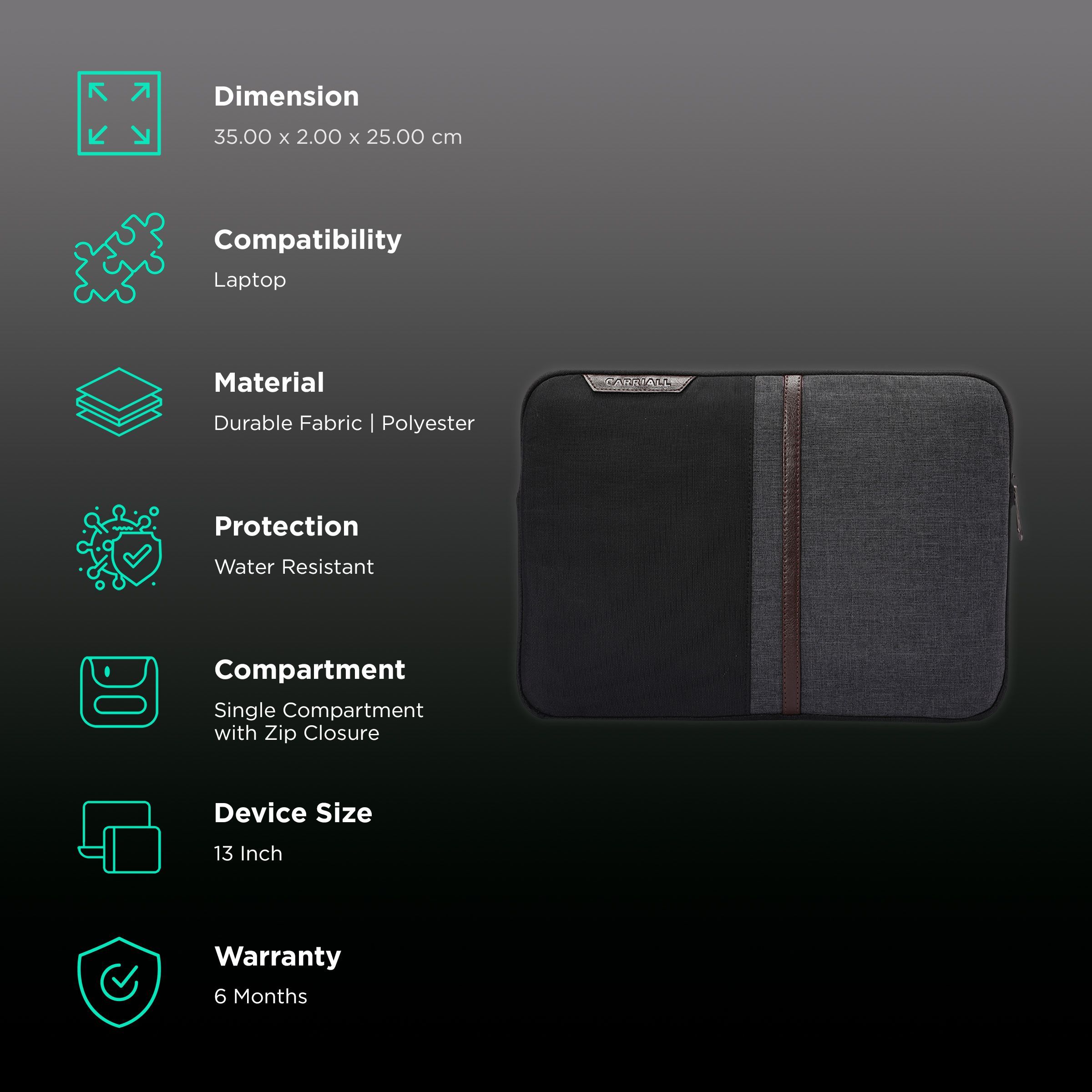 Carriall Suave Fabric, Polyester Laptop Sleeve for 13 Inch Laptop (5 L, Water Resistant, Black/Grey) Carriall Suave Fabric, Polyester Laptop Sleeve for 13 Inch Laptop (5 L, Water Resistant, Black/Grey)_3