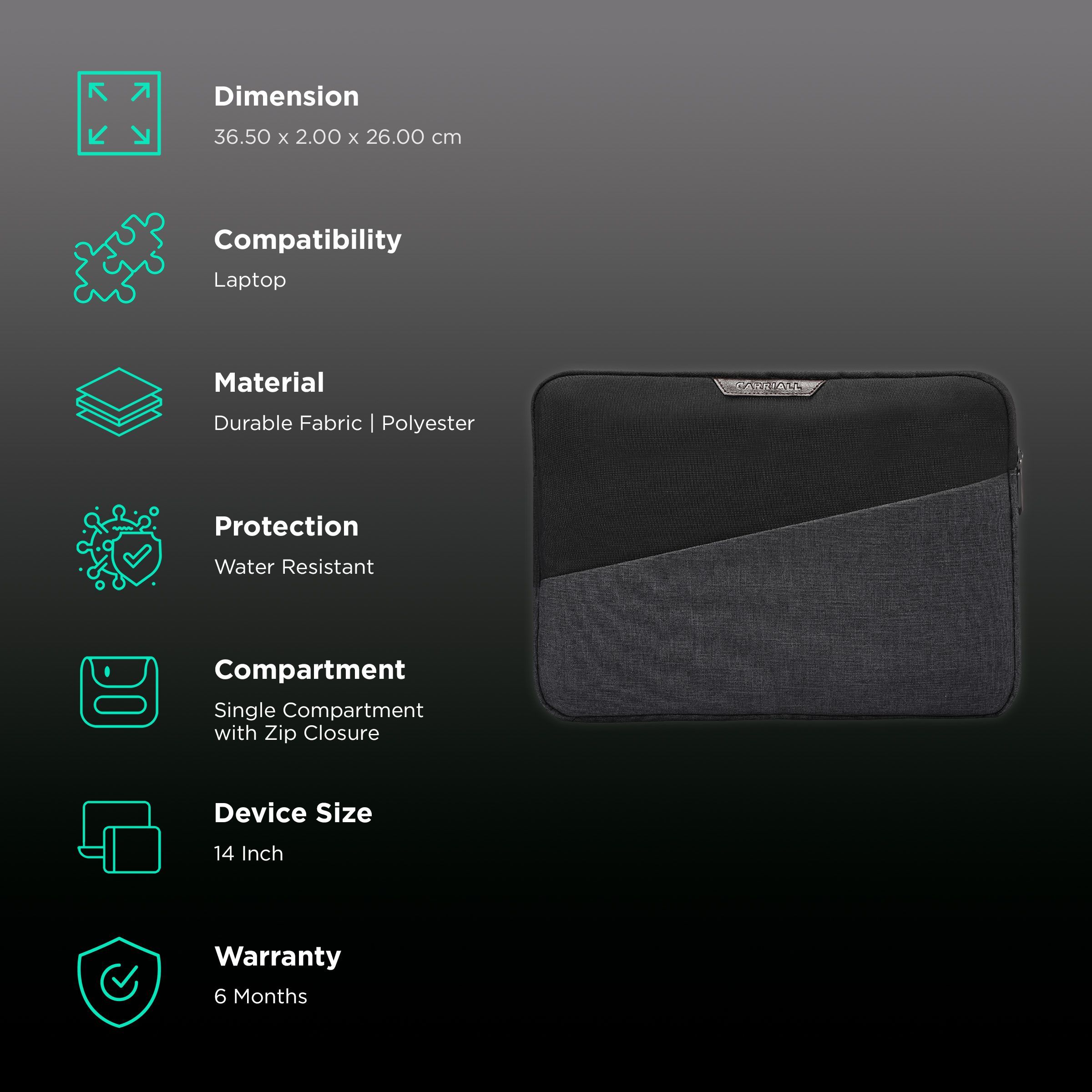 Carriall Ascent Fabric, Polyester Laptop Sleeve for 14 Inch Laptop (2 L, Water Resistant, Black/Grey)_3