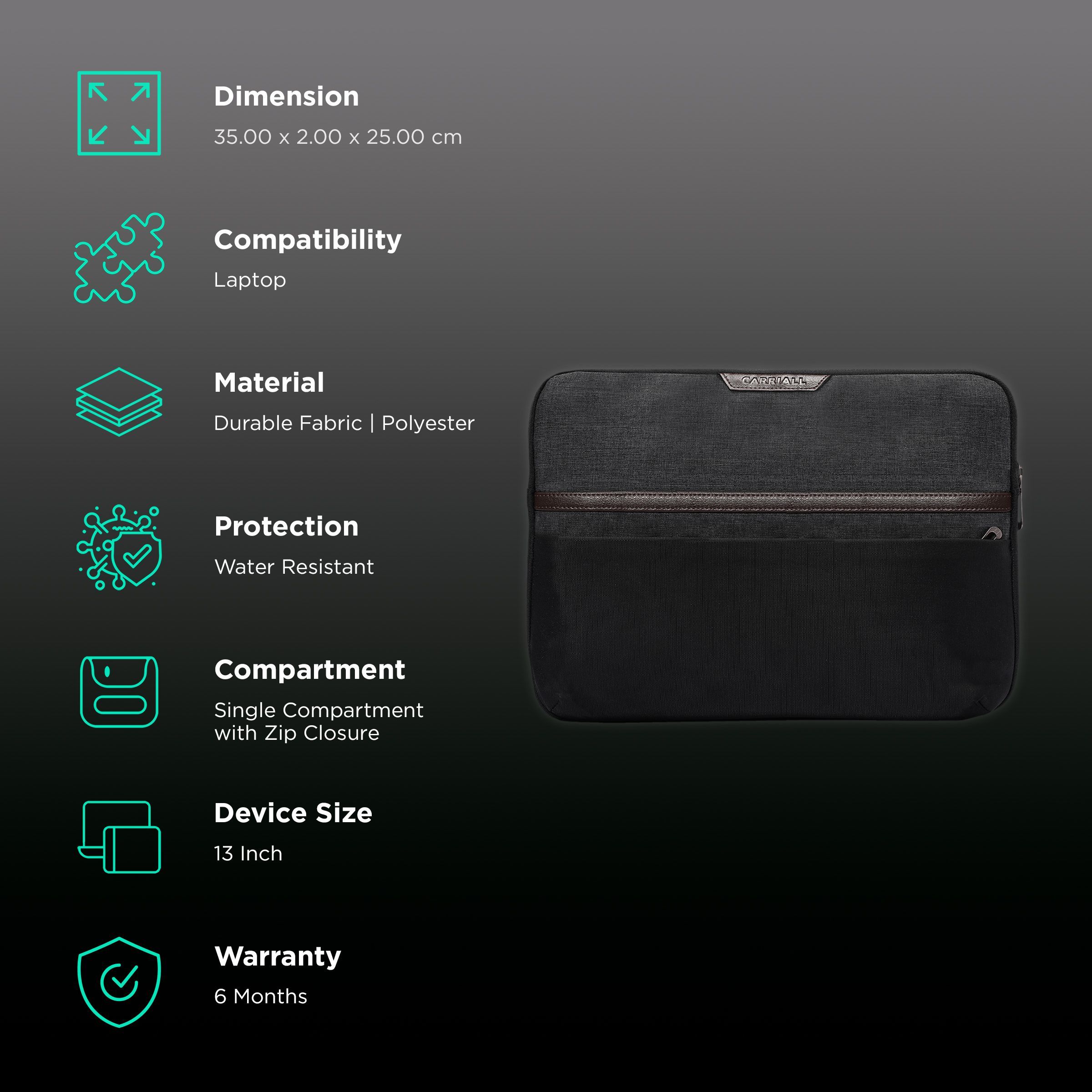 Carriall Urbane Fabric, Polyester Laptop Sleeve for 13 Inch Laptop (2 L, Water Resistant, Black/Grey) Carriall Urbane Fabric, Polyester Laptop Sleeve for 13 Inch Laptop (2 L, Water Resistant, Black/Grey)_3