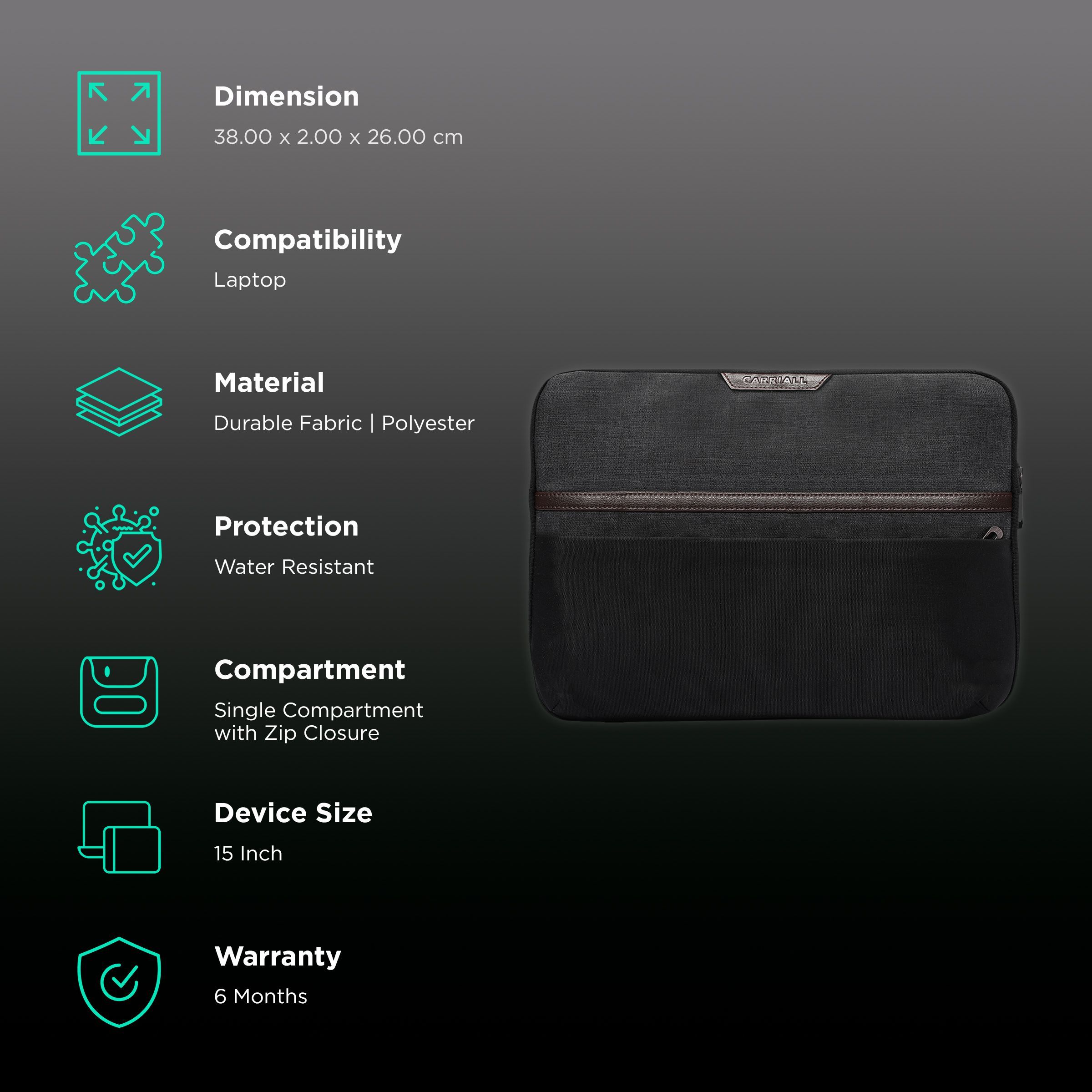 Carriall Urbane Fabric, Polyester Laptop Sleeve for 15 Inch Laptop (2 L, Water Resistant, Black/Grey)_3