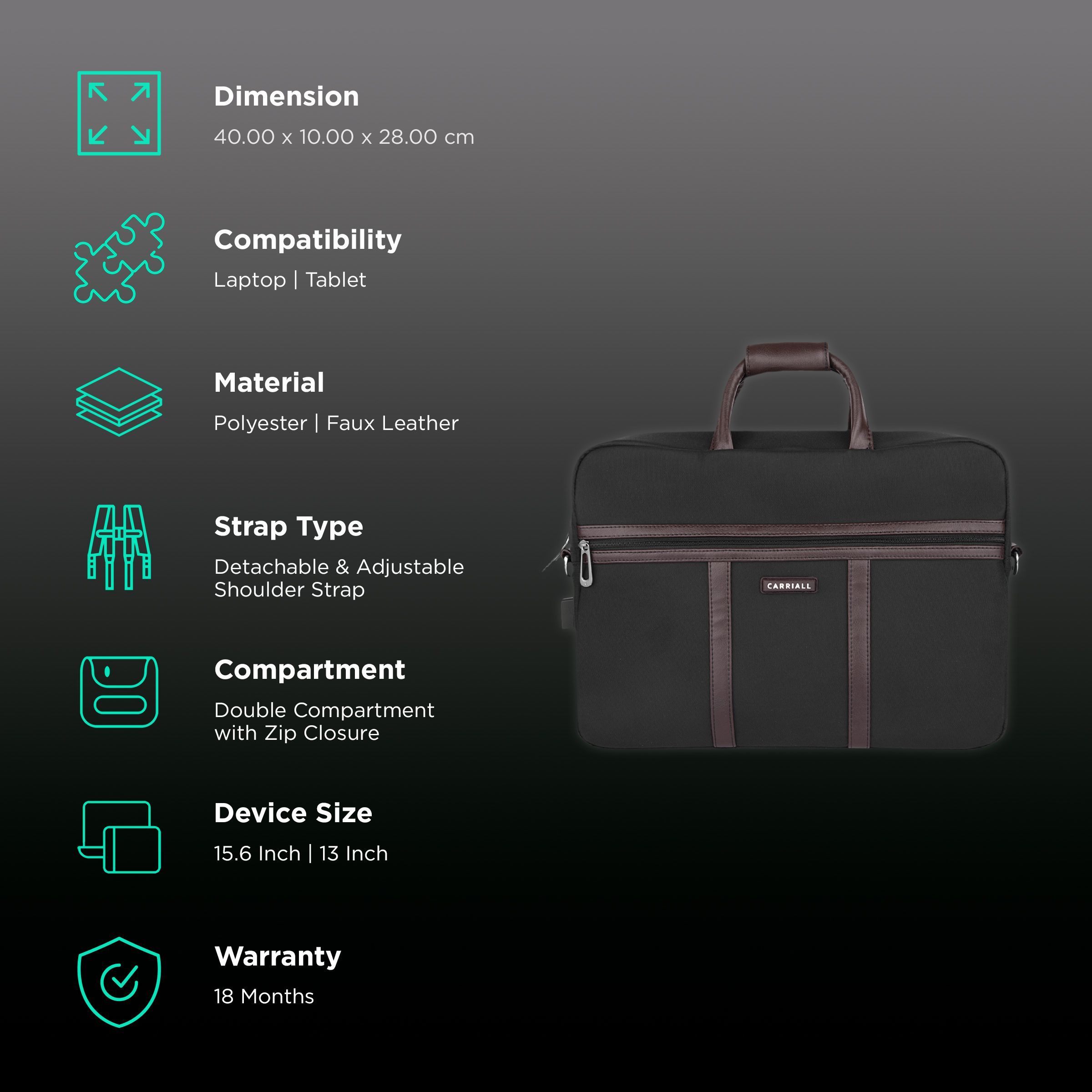 Carriall Claro Polyester, Faux Leather Laptop Sling Bag for 13 & 15.6 Inch Laptop (11 L, USB Charging Port, Black)_3