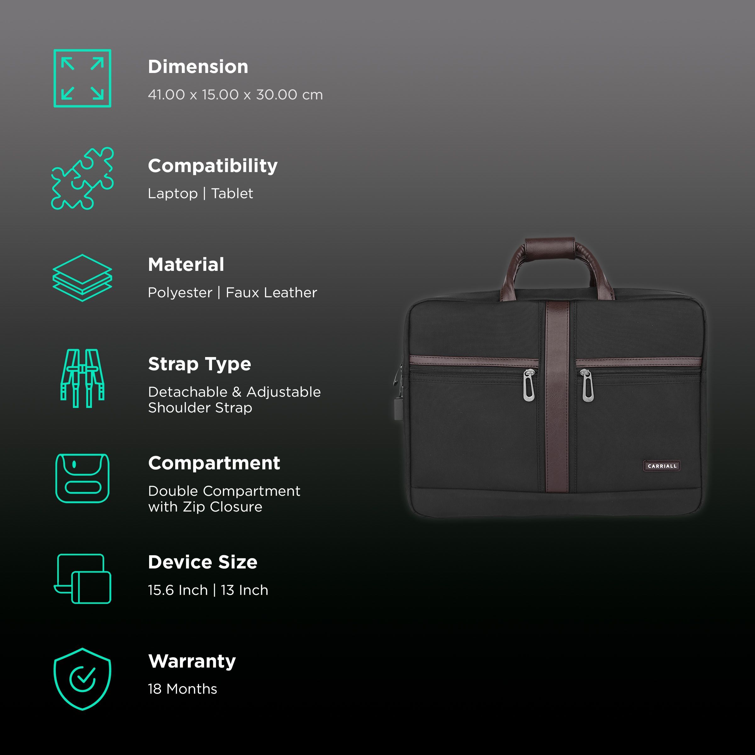 Carriall Ampio Polyester, Faux Leather Laptop Sling Bag for 13 & 15.6 Inch Laptop (18.45 L, USB Charging Port, Black)_3