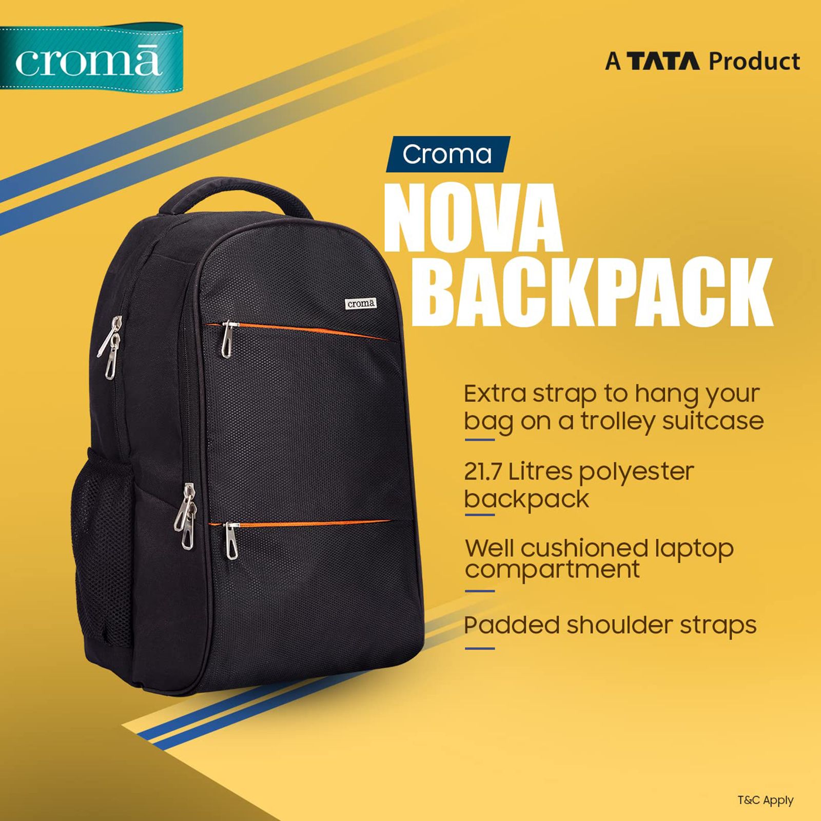 Croma Nova Polyester Laptop Backpack for 15.6 Inch Laptop (21.7 L, Cushioned Compartment, Black) Croma Nova Polyester Laptop Backpack for 15.6 Inch Laptop (21.7 L, Cushioned Compartment, Black)_8
