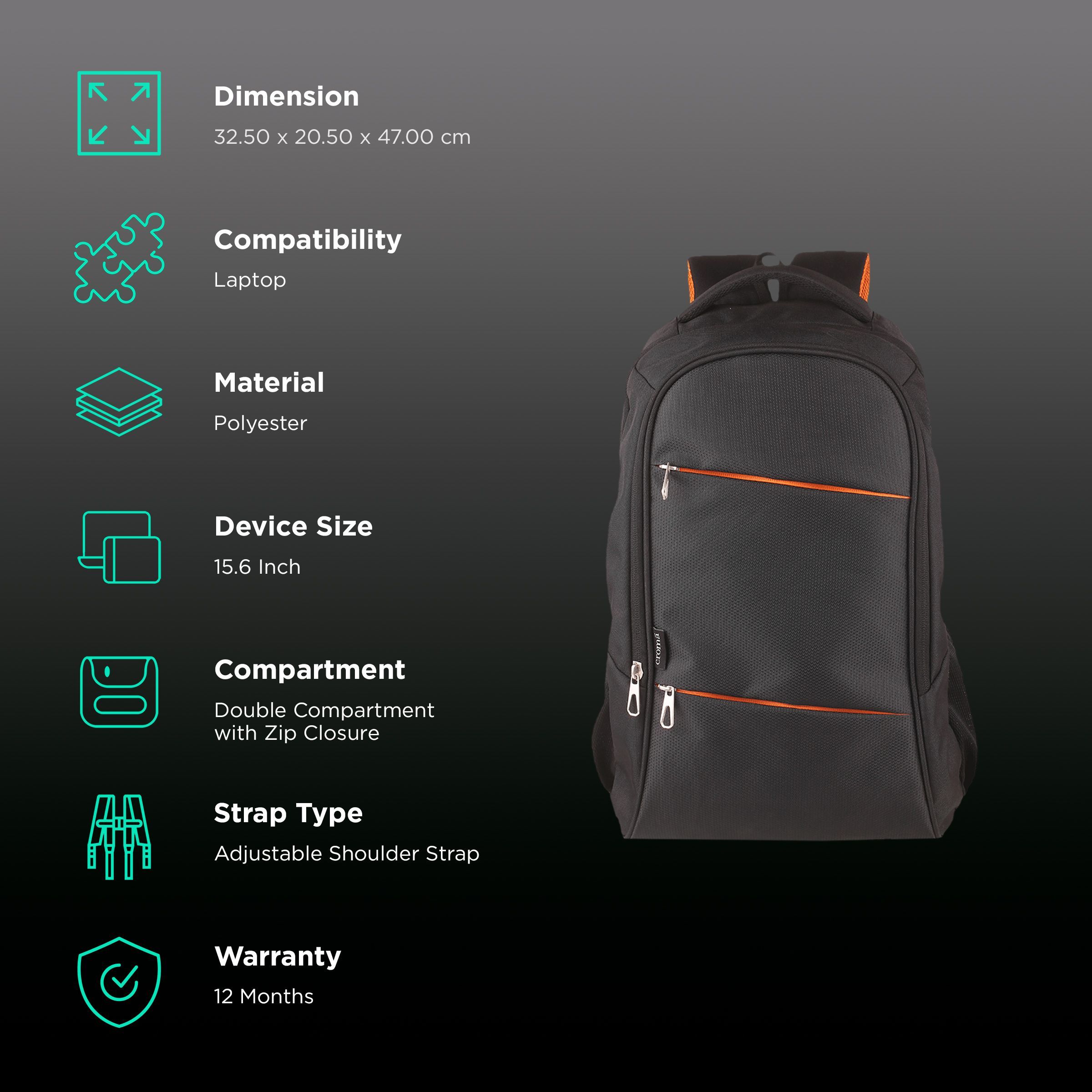 Croma Nova Polyester Laptop Backpack for 15.6 Inch Laptop (21.7 L, Cushioned Compartment, Black) Croma Nova Polyester Laptop Backpack for 15.6 Inch Laptop (21.7 L, Cushioned Compartment, Black)_2
