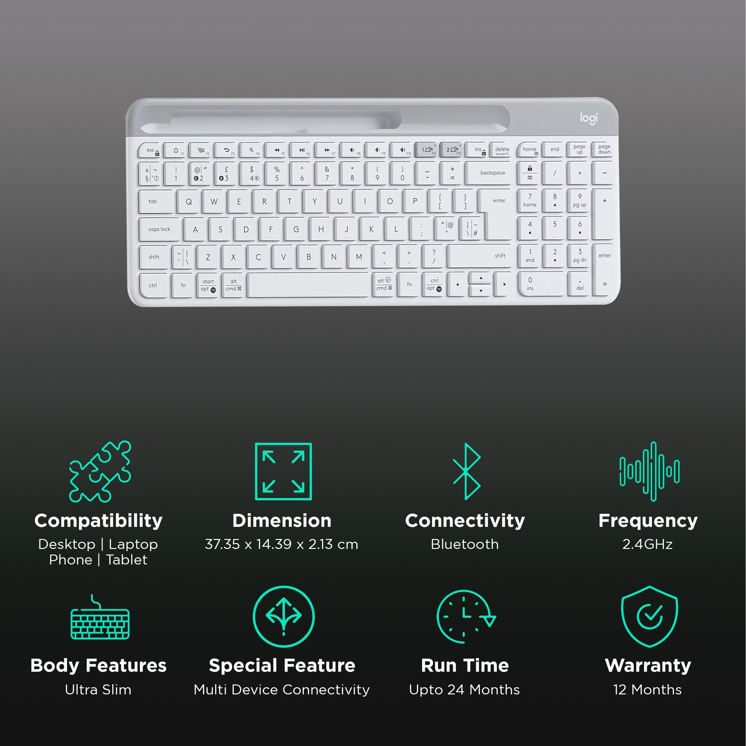 logitech K580 Bluetooth & 2.4GHz Wireless Keyboard with Multi Device Connectivity (Ultra-Slim Profile, White) logitech K580 Bluetooth & 2.4GHz Wireless Keyboard with Multi Device Connectivity (Ultra-Slim Profile, White)_2