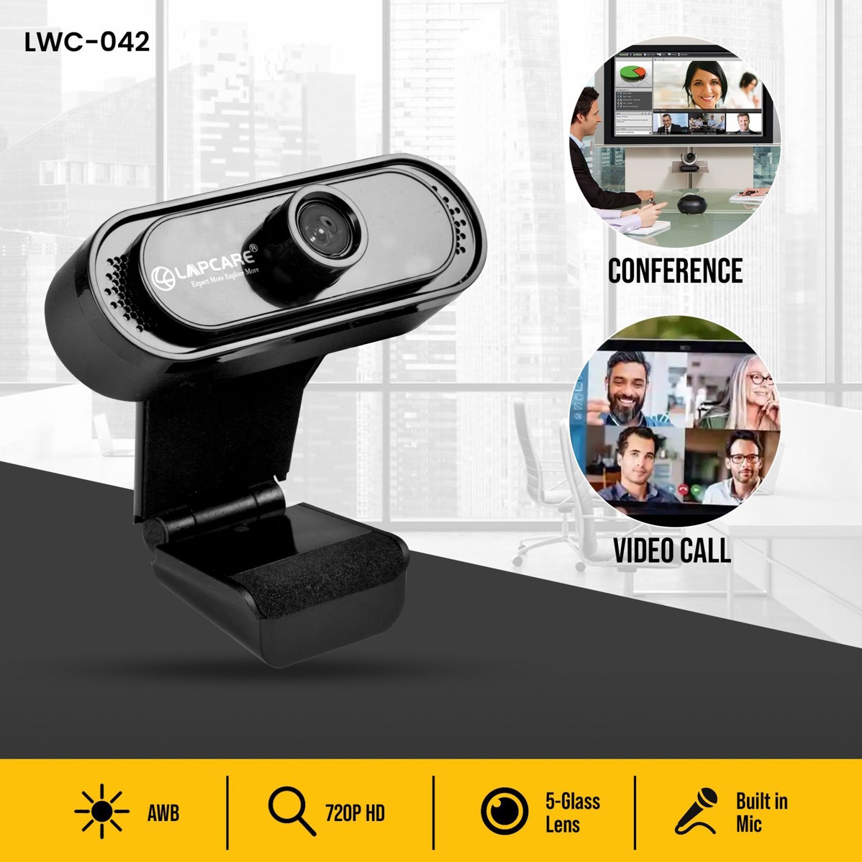 LAPCARE Lapcam USB 720p HD Webcam (5 Glass Lens, LWC-042, Black)_5