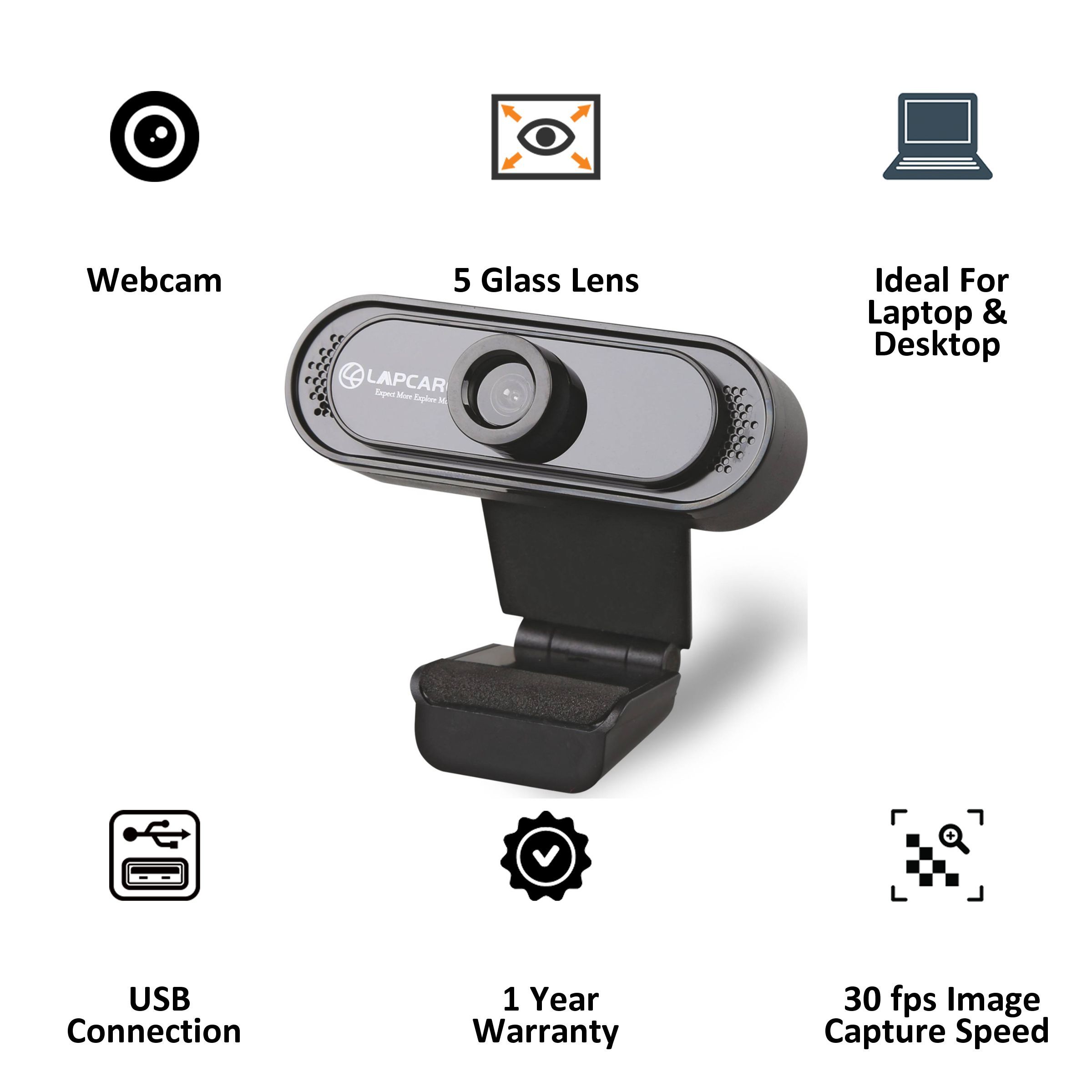 LAPCARE Lapcam USB 720p HD Webcam (5 Glass Lens, LWC-042, Black)_3