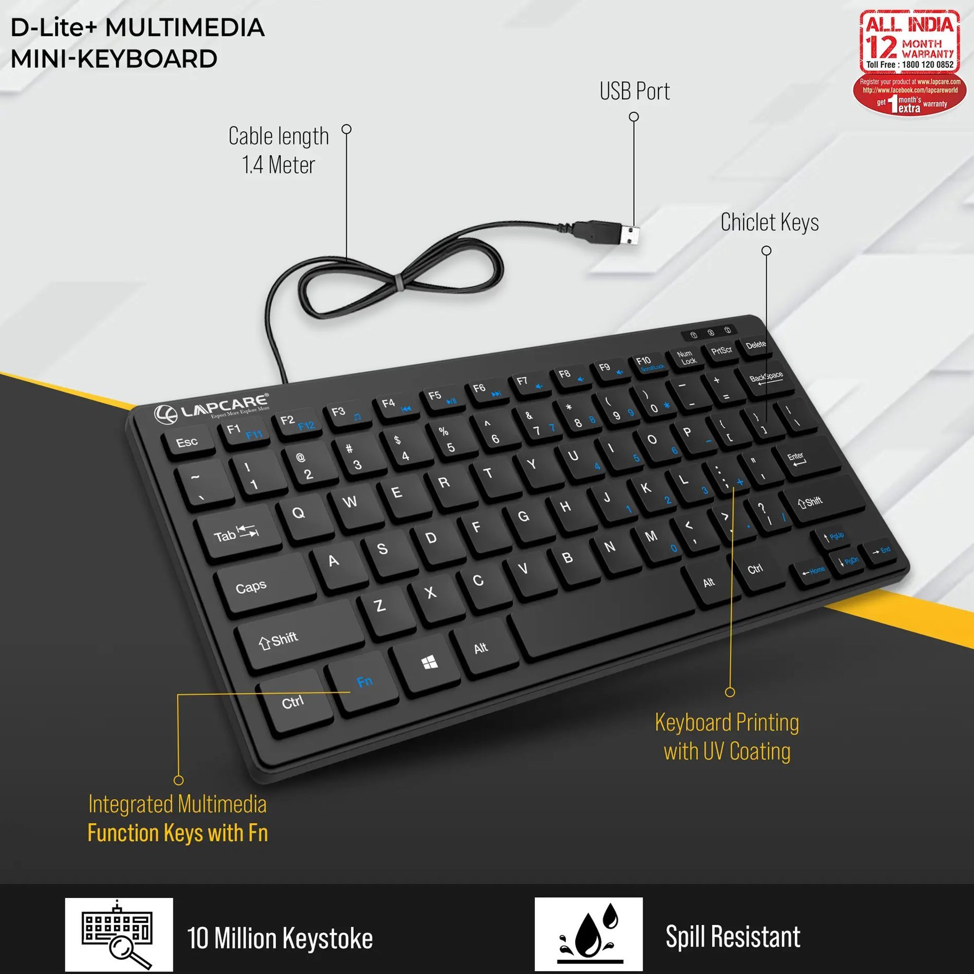 LAPCARE D-Lite Plus Mini Wired Keyboard with Dedicated Multimedia Keys (Spill Resistant, Black)_7