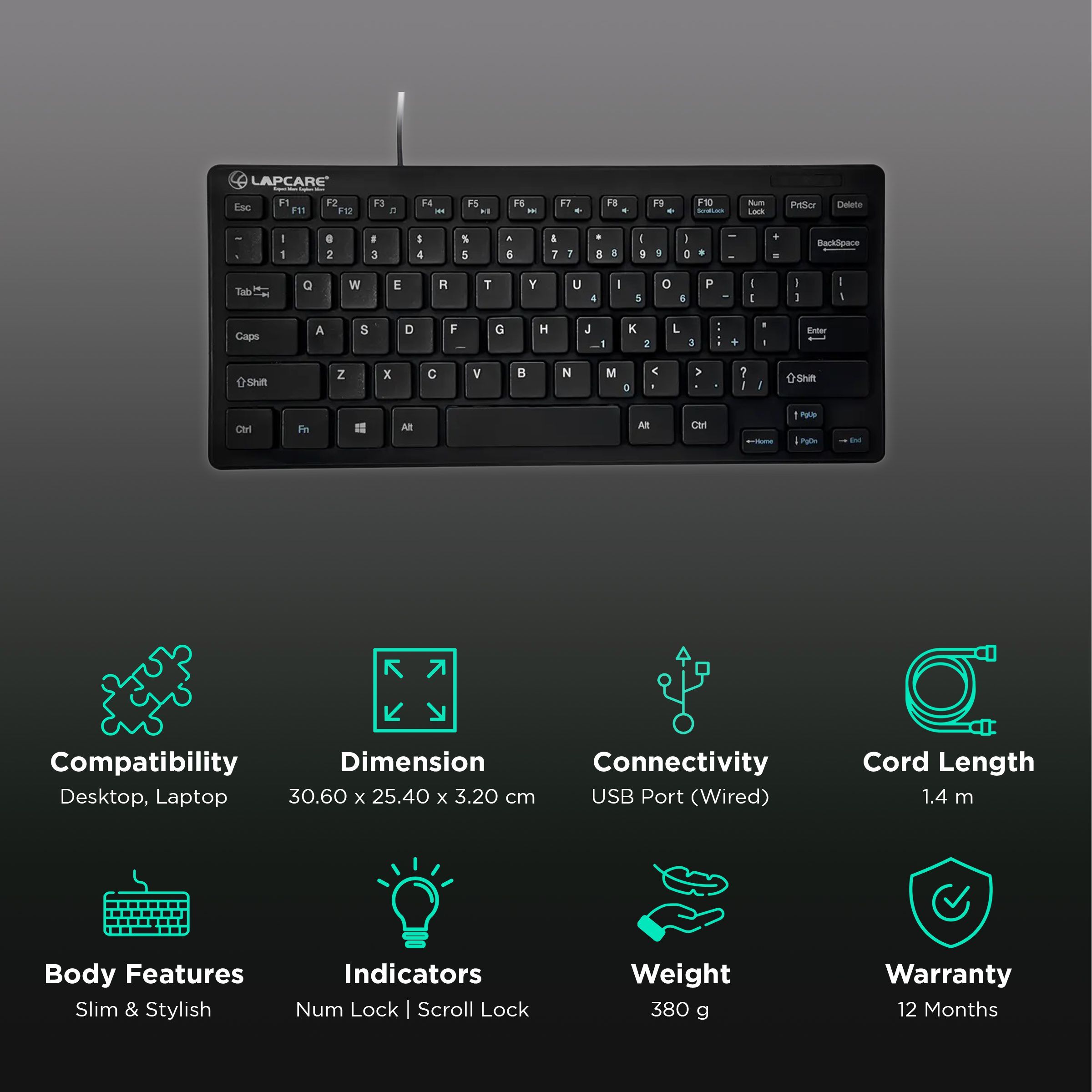 LAPCARE D-Lite Plus Mini Wired Keyboard with Dedicated Multimedia Keys (Spill Resistant, Black)_2