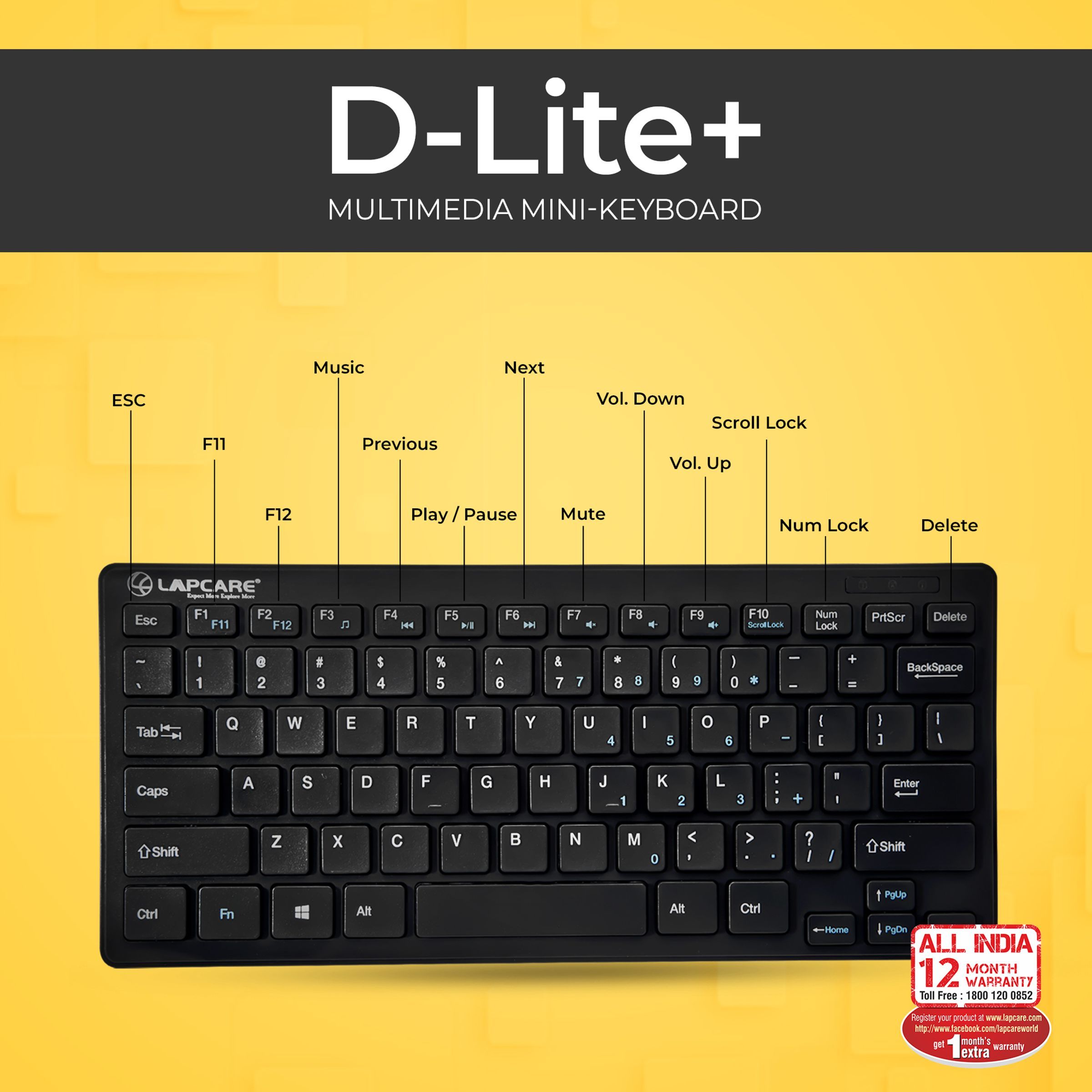LAPCARE D-Lite Plus Mini Wired Keyboard with Dedicated Multimedia Keys (Spill Resistant, Black)_4
