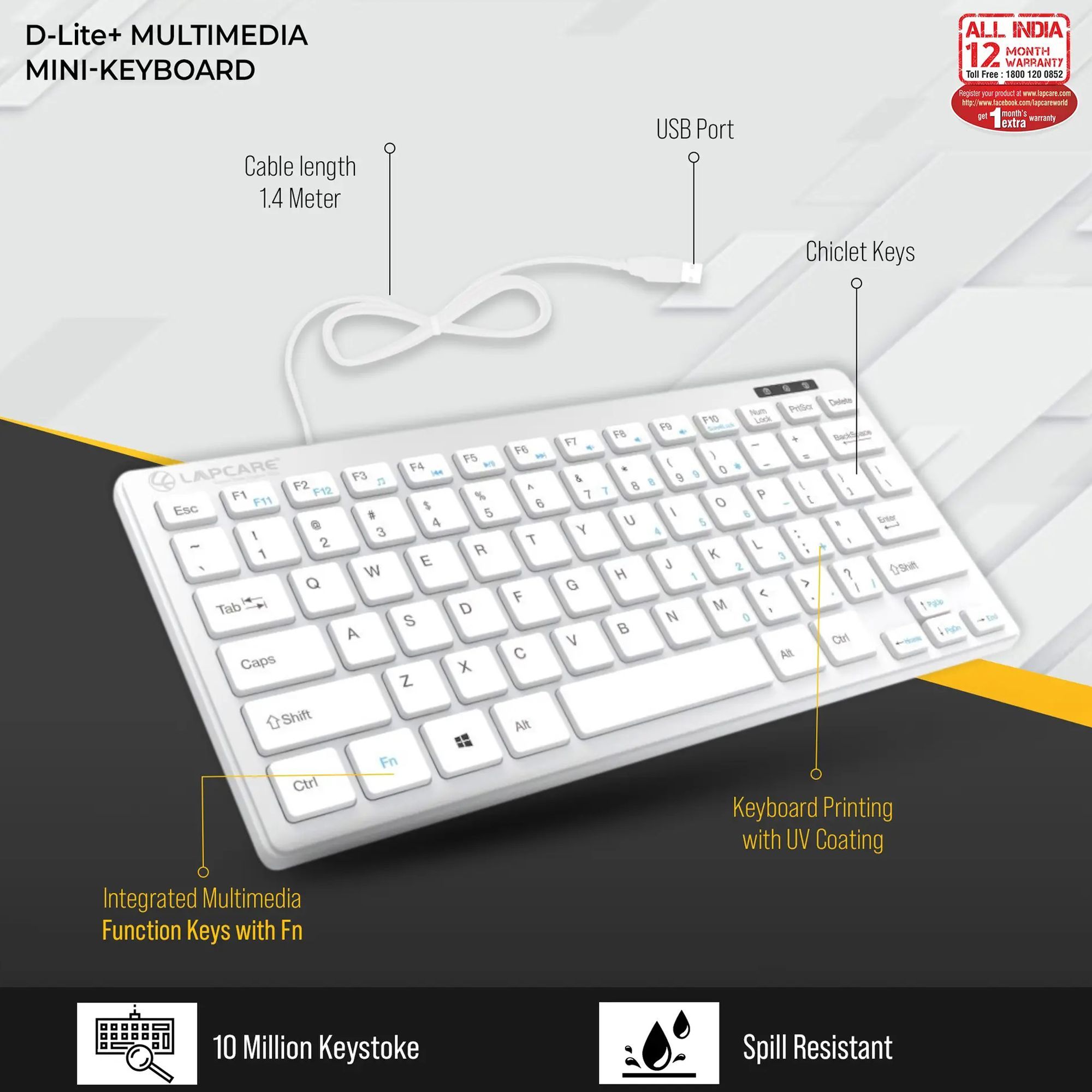 LAPCARE D-Lite Mini Wired Keyboard with Dedicated Multimedia Keys (Spill Resistant, Silver)_7