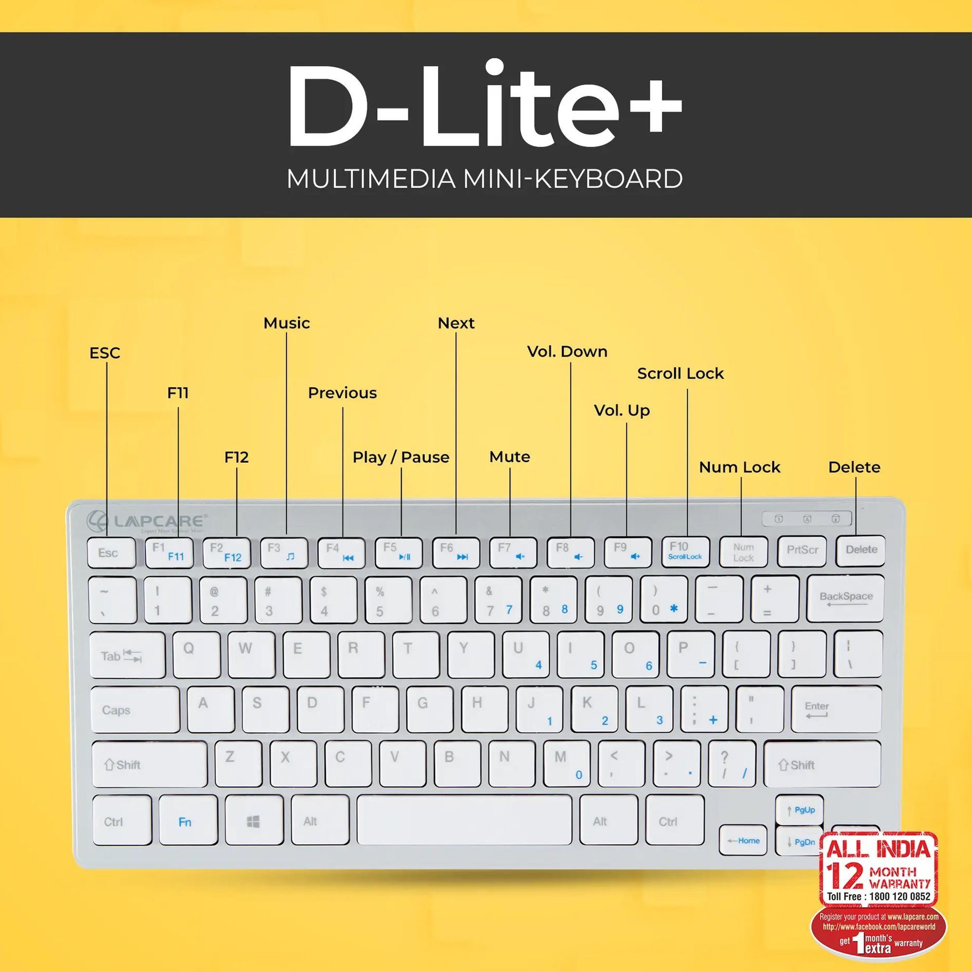 LAPCARE D-Lite Mini Wired Keyboard with Dedicated Multimedia Keys (Spill Resistant, Silver)_9