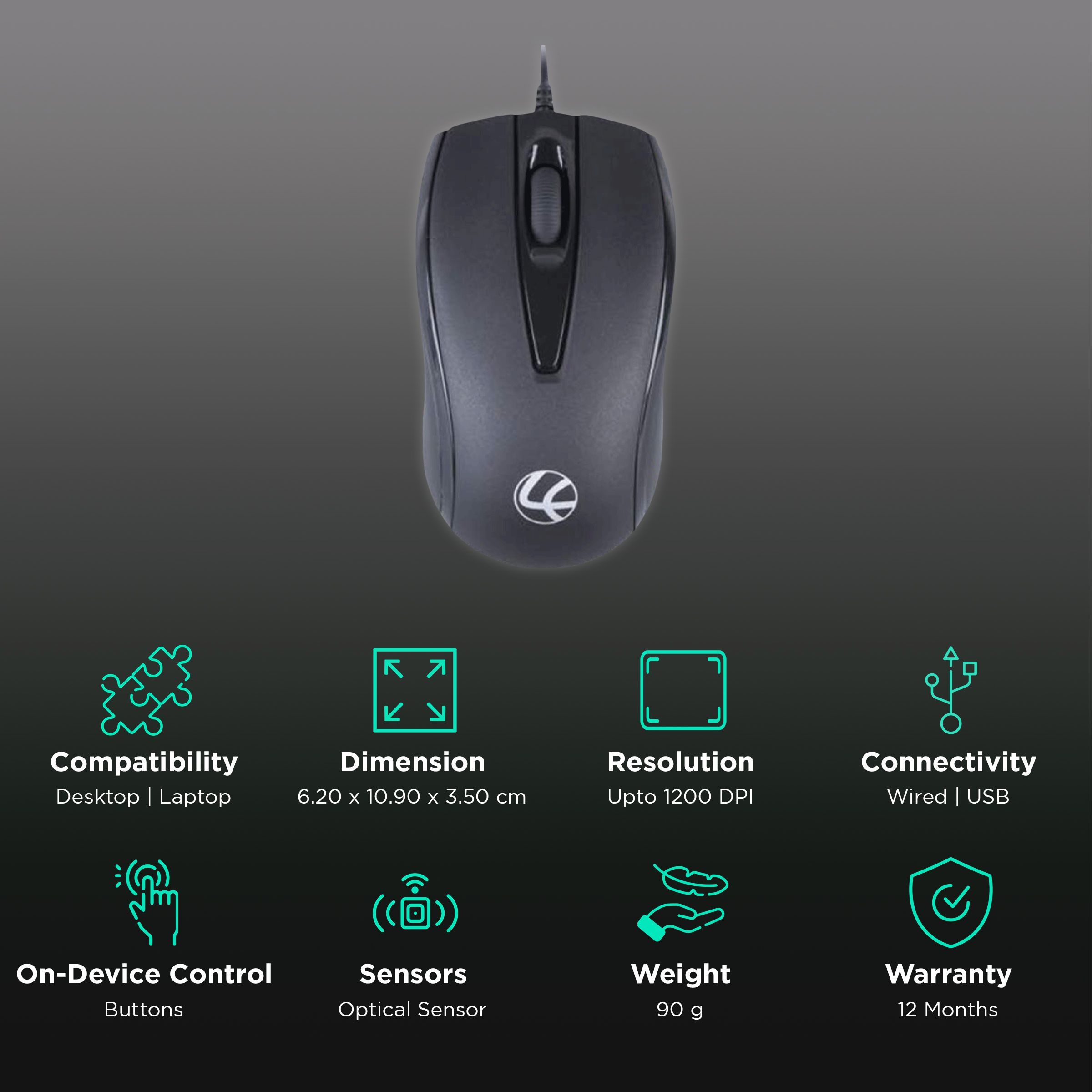 LAPCARE L-70 Plus Wired Optical Mouse (1200 DPI, Ambidextrous Design, Black) LAPCARE L-70 Plus Wired Optical Mouse (1200 DPI, Ambidextrous Design, Black)_2