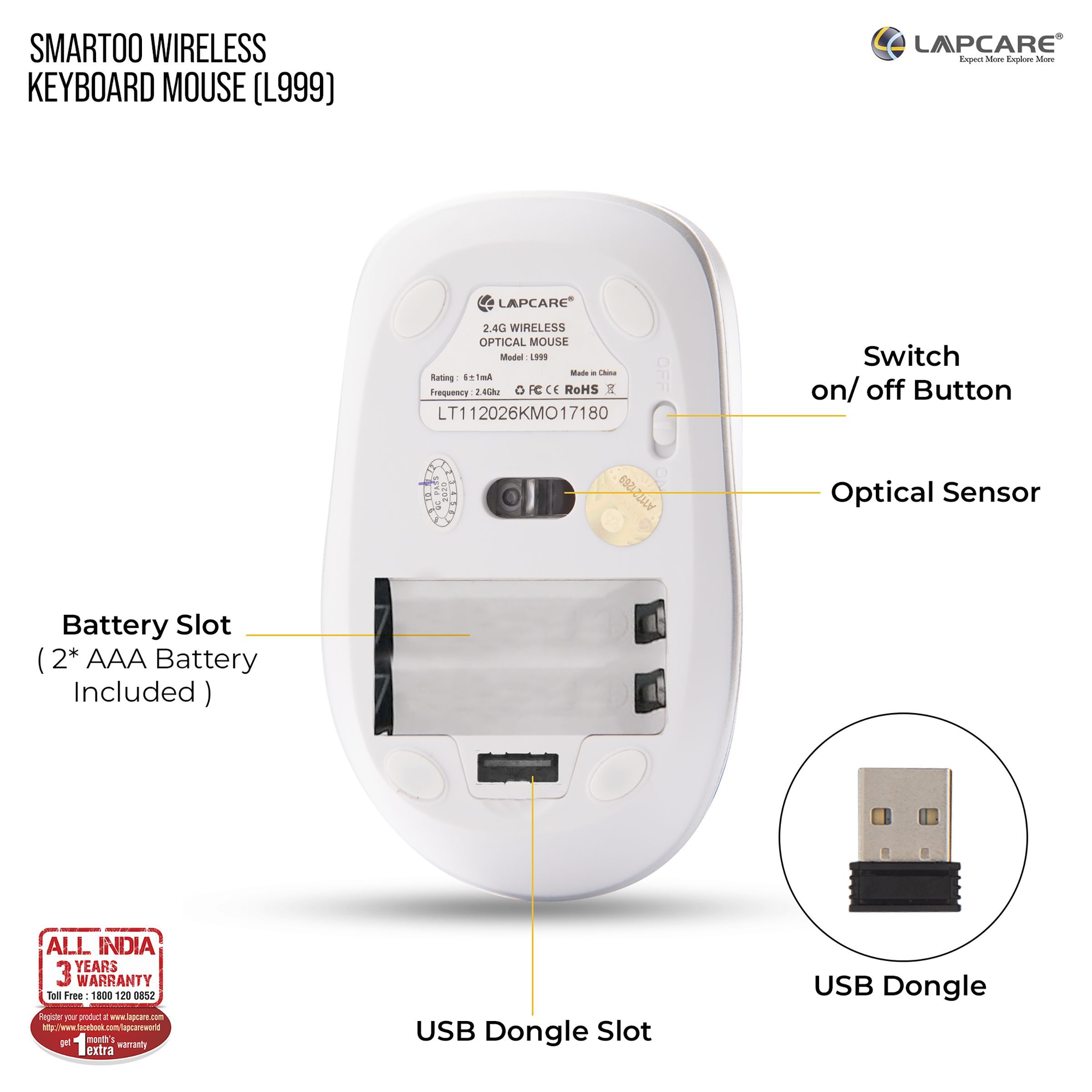 LAPCARE Smartoo 2.4 GHz Wireless Keyboard & Mouse Combo (1200 DPI, Auto Sleep Function, White & Silver) LAPCARE Smartoo 2.4 GHz Wireless Keyboard & Mouse Combo (1200 DPI, Auto Sleep Function, White & Silver)_2