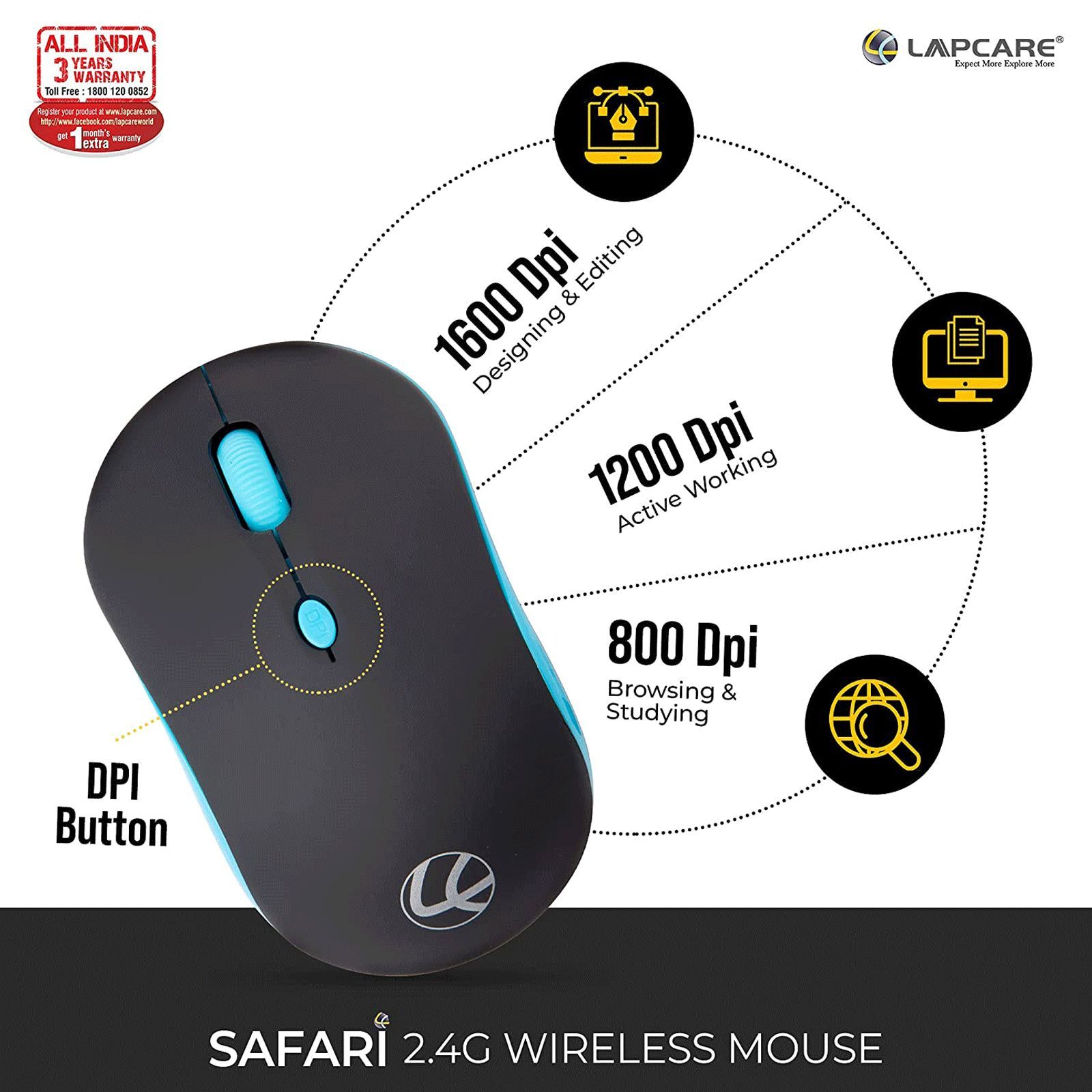 LAPCARE Safari Wireless Optical Mouse (1600 DPI, Ultra Portable, Black Blue)_7
