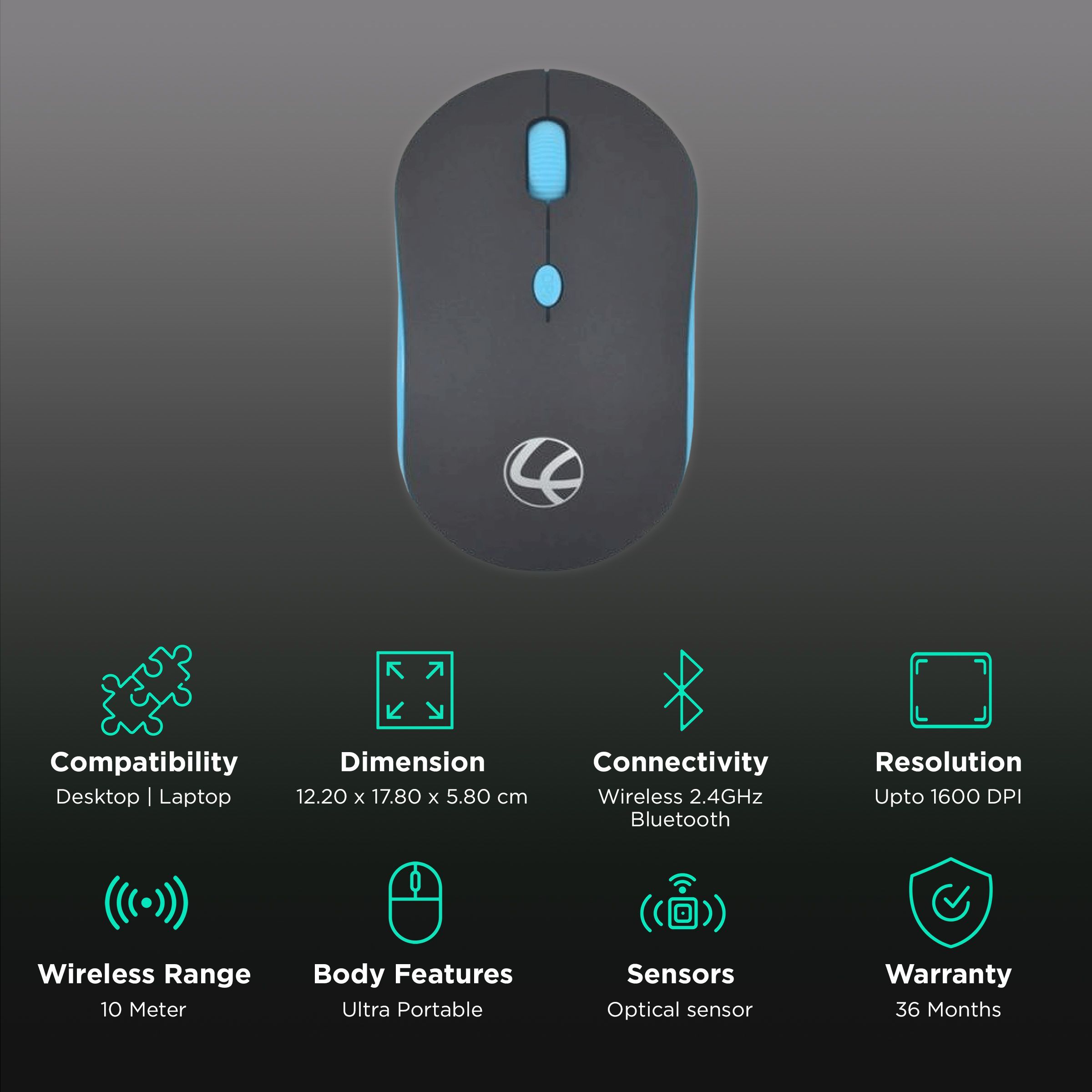 LAPCARE Safari Wireless Optical Mouse (1600 DPI, Ultra Portable, Black Blue)_2