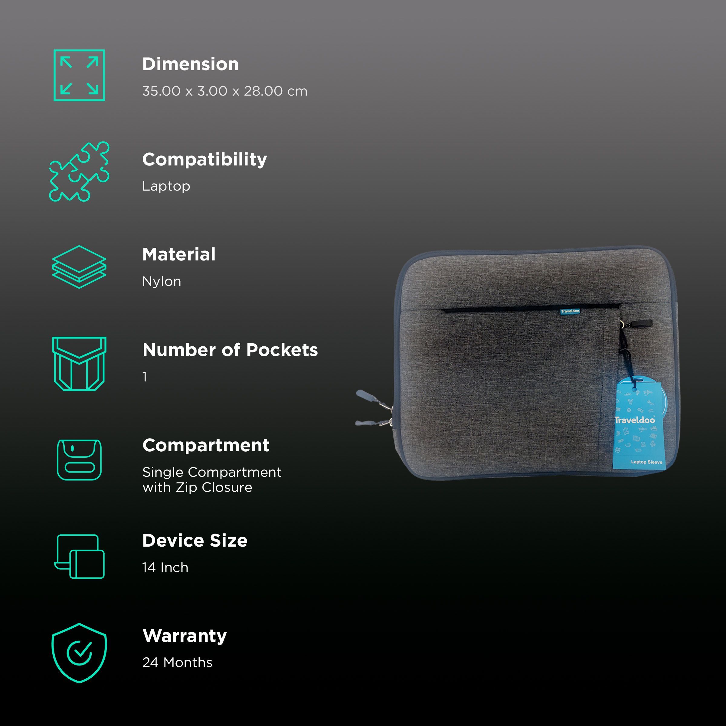 Traveldoo Nylon Laptop Sleeve for 14 Inch Laptop (Lightweight, Grey)_3