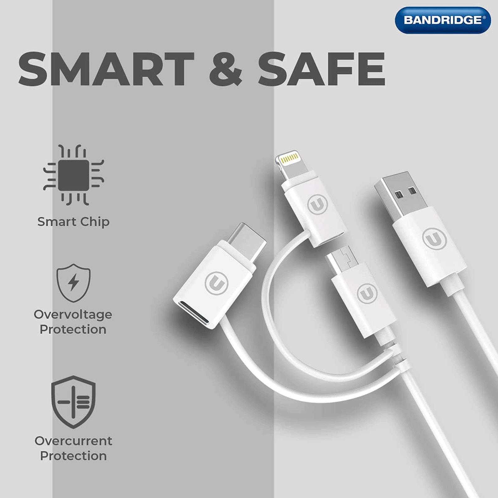 Bandridge 1 Meter USB 3.0 to USB Type-C 3.0 Micro USB 2.0 Lightning Power/Charging Power Cable (Tangle Free, B3IN1W, White) Bandridge 1 Meter USB 3.0 to USB Type-C 3.0 Micro USB 2.0 Lightning Power/Charging Power Cable (Tangle Free, B3IN1W, White)_3