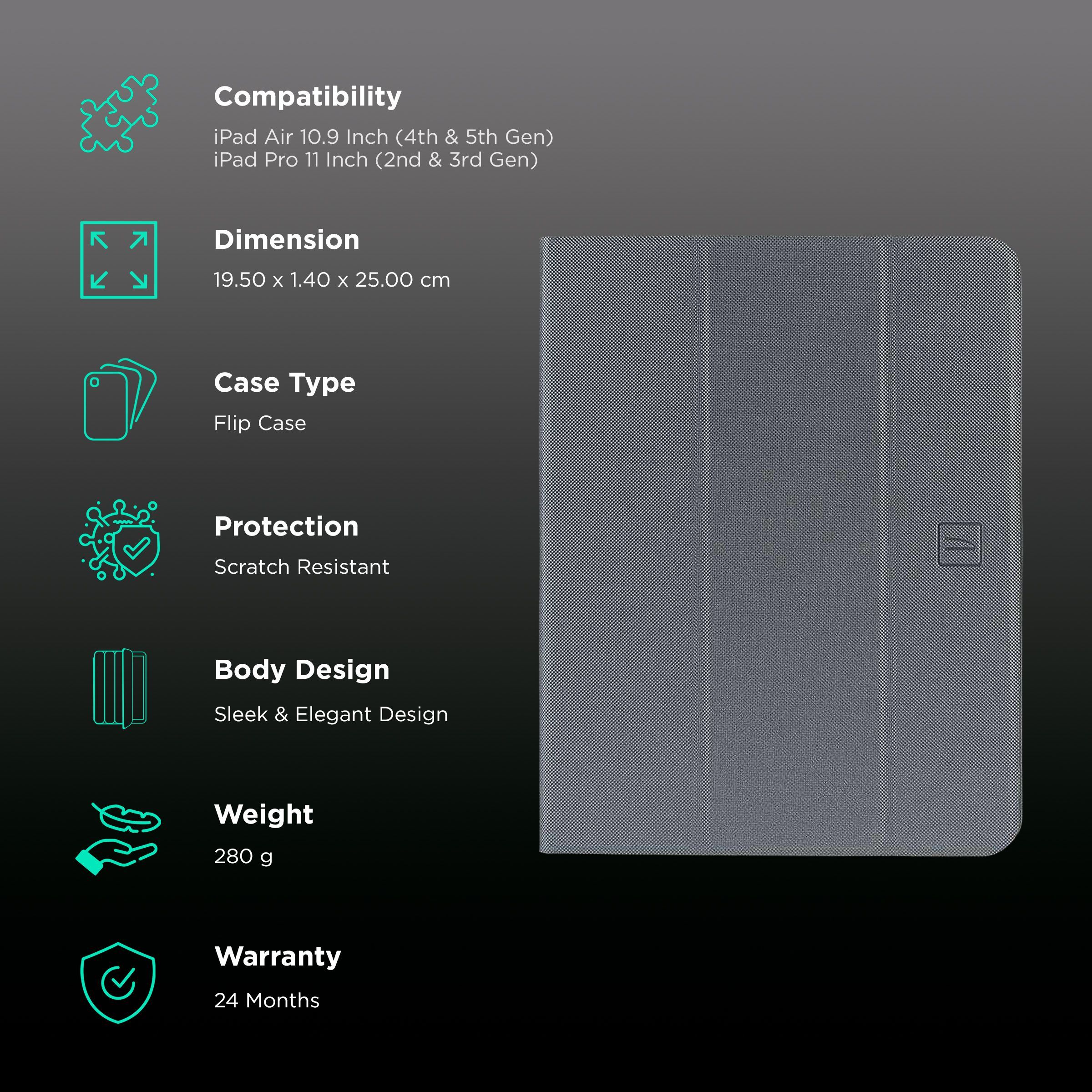 Tucano Up Plus Folio Case for Apple iPad Air 10.9 Inch (4th & 5th Gen), iPad Pro 11 Inch (2nd & 3rd Gen) (Apple Pencil Internal Support, Dark Gray)_2