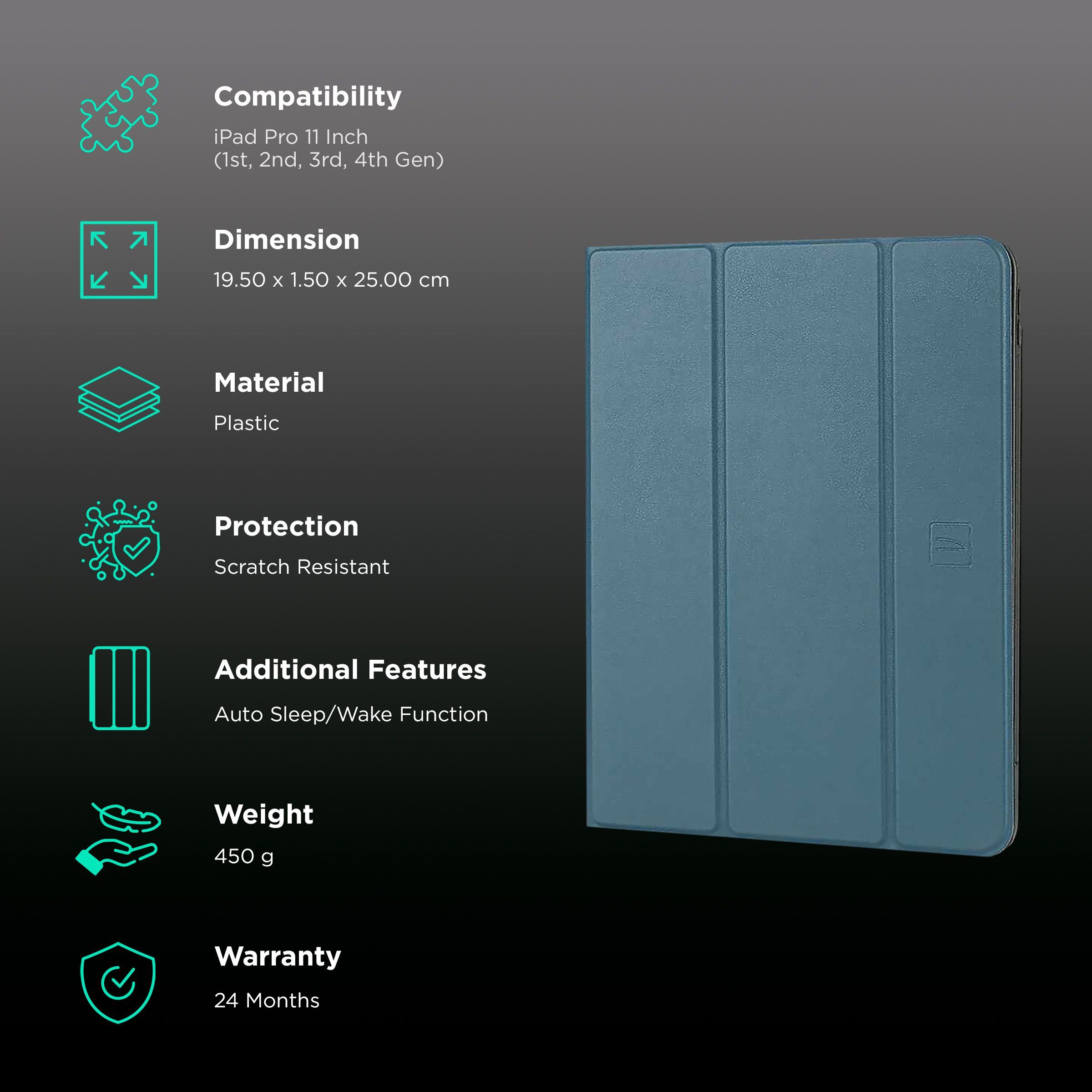 Tucano Premio Plastic Folio Case for Apple iPad Pro 11 Inch (1st, 2nd, 3rd, 4th Gen) (Apple Pencil Internal Support, Petrol Blue)_2