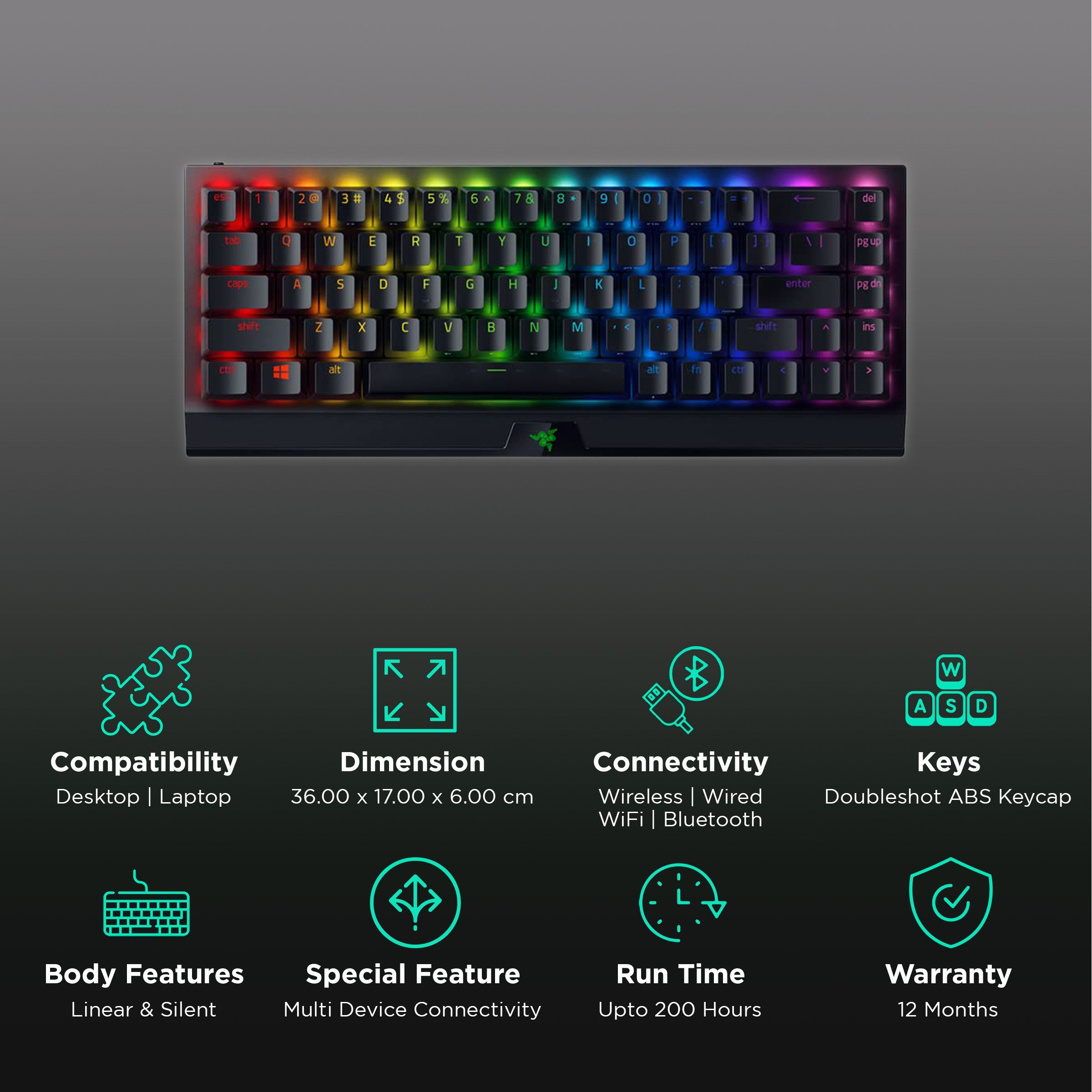 RAZER BlackWidow V3 Mini HyperSpeed Phantom Edition Bluetooth & 2.4GHz Wireless Gaming Keyboard with Multi Device Connectivity (N-Key Rollover, Black)_2