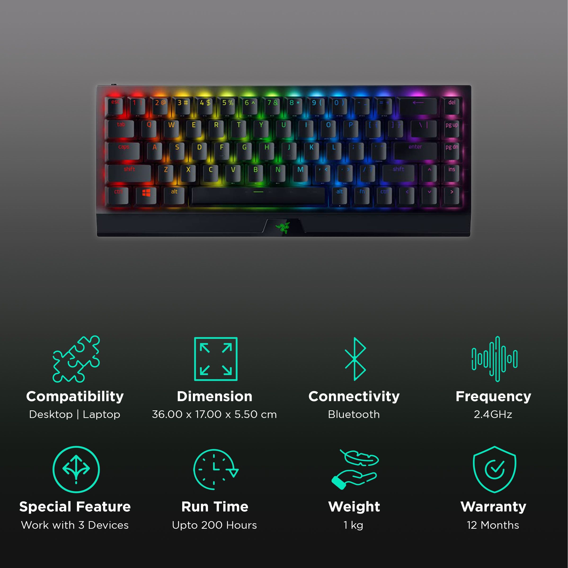RAZER BlackWidow V3 Mini Bluetooth & 2.4GHz Wireless Gaming Keyboard with Multi Device Connectivity (HyperSpeed Wireless Technology, Black)_2
