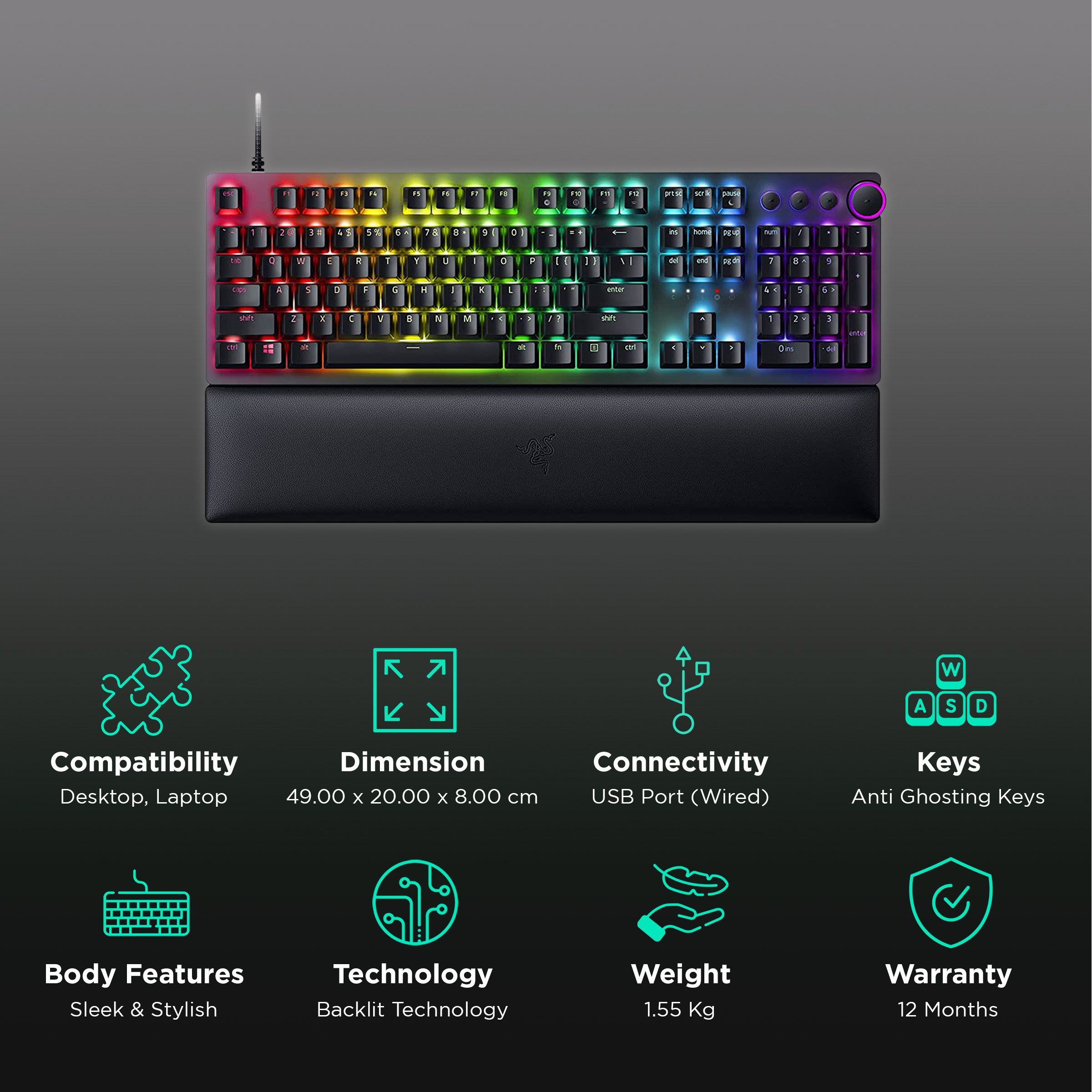 RAZER Huntsman V2 Wired Gaming Keyboard with Backlit Keys (Double-Shot PBT Keycaps, Black)_2