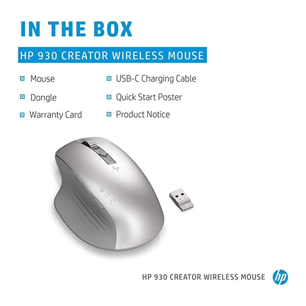 HP 930 Creator Wireless Optical Mouse with Customizable Buttons (3000 DPI Adjustable, Ergonomic Design, Silver) HP 930 Creator Wireless Optical Mouse with Customizable Buttons (3000 DPI Adjustable, Ergonomic Design, Silver)_9