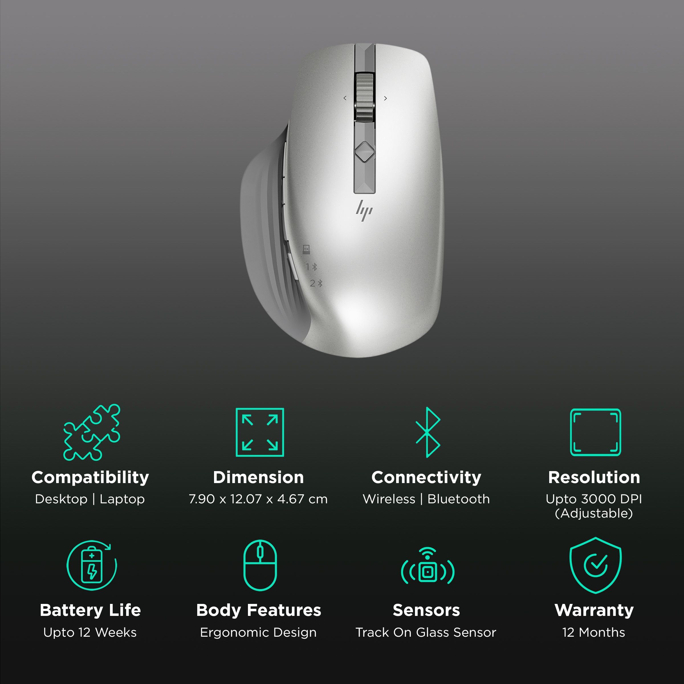 HP 930 Creator Wireless Optical Mouse with Customizable Buttons (3000 DPI Adjustable, Ergonomic Design, Silver) HP 930 Creator Wireless Optical Mouse with Customizable Buttons (3000 DPI Adjustable, Ergonomic Design, Silver)_2