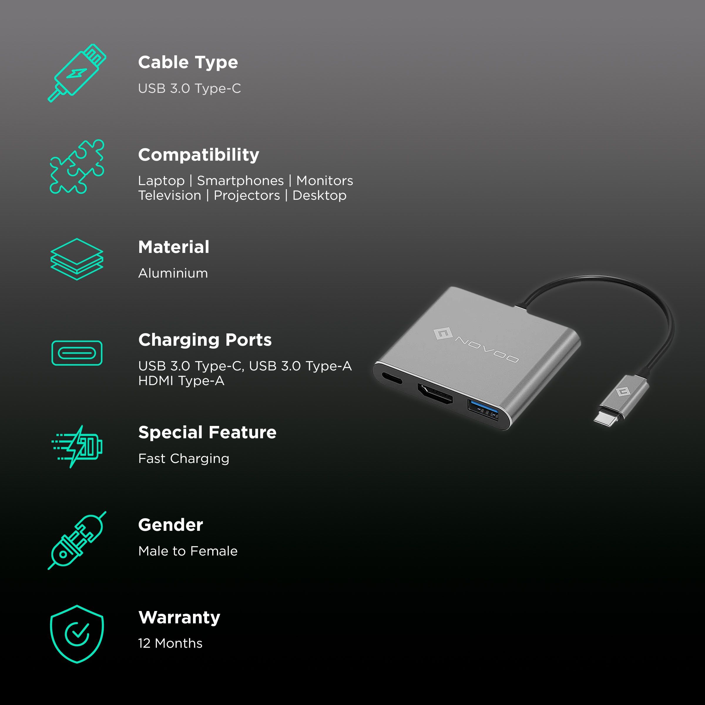 NOVOO 3-in-1 USB 3.0 Type C to USB 3.0 Type C, USB 3.0 Type A, HDMI Type A USB Hub (Supports 4K Resolution, Dark Grey) NOVOO 3-in-1 USB 3.0 Type C to USB 3.0 Type C, USB 3.0 Type A, HDMI Type A USB Hub (Supports 4K Resolution, Dark Grey)_2