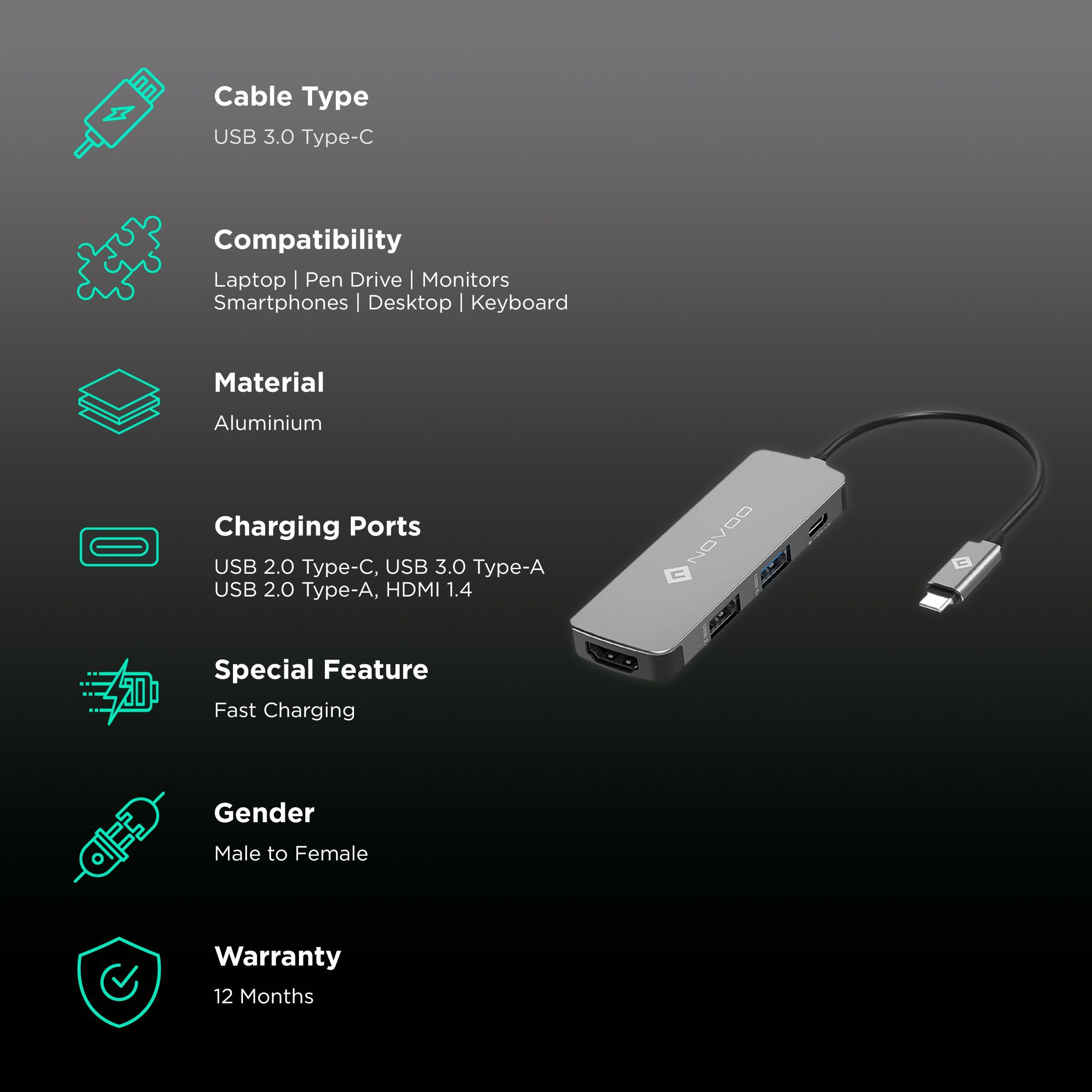 NOVOO 4-in-1 USB 3.0 Type C to USB 2.0 Type C, USB 3.0 Type A, USB 2.0 Type A, HDMI 1.4 USB Hub (Supports 4K Resolution, Dark Grey)_2