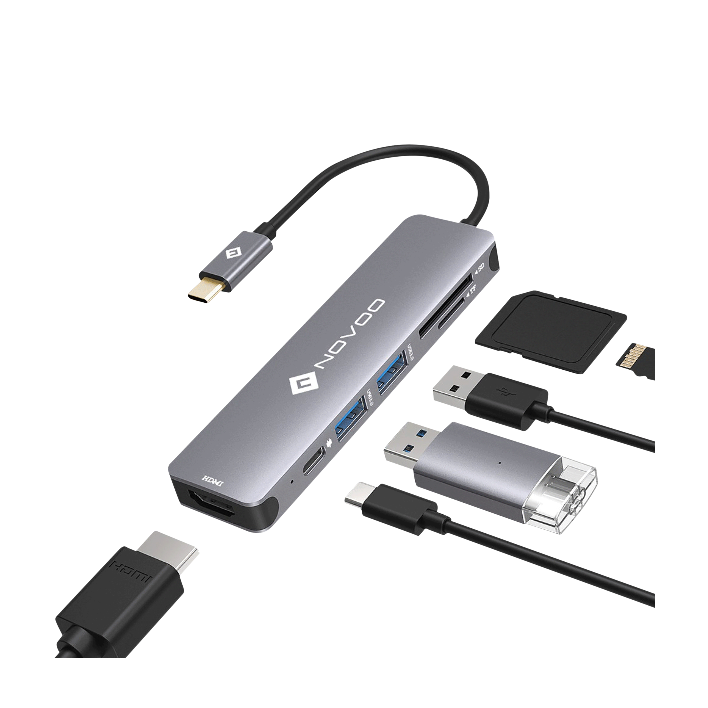 NOVOO 6-in-1 USB 3.0 Type C to USB 3.0 Type A, HDMI, SD Card Slot, TF Card, USB Type C USB Hub (Broad Compatibility, Dark Grey)_3